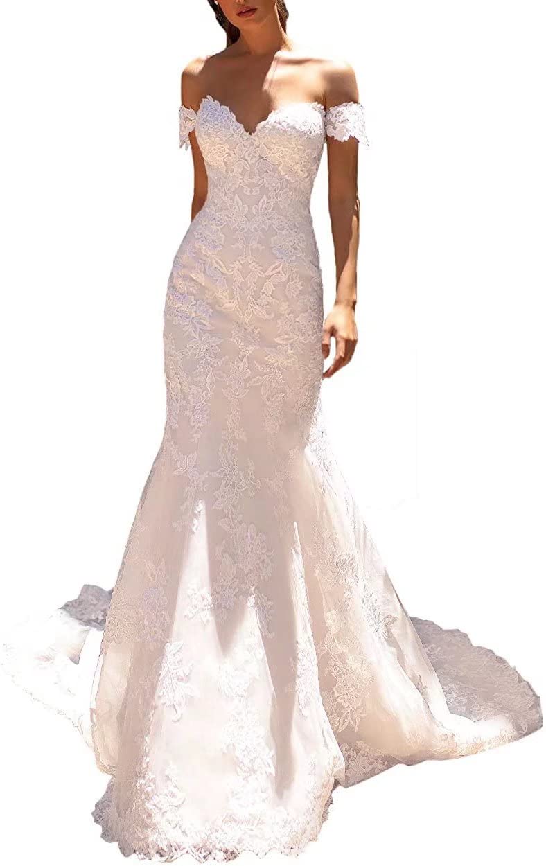 2022 Elegant Lace Wedding Dresses for Women - Long Train Bridal Gowns for Bride | Perfect for Church Ceremony, Beach Wedding & Romantic Photoshoot