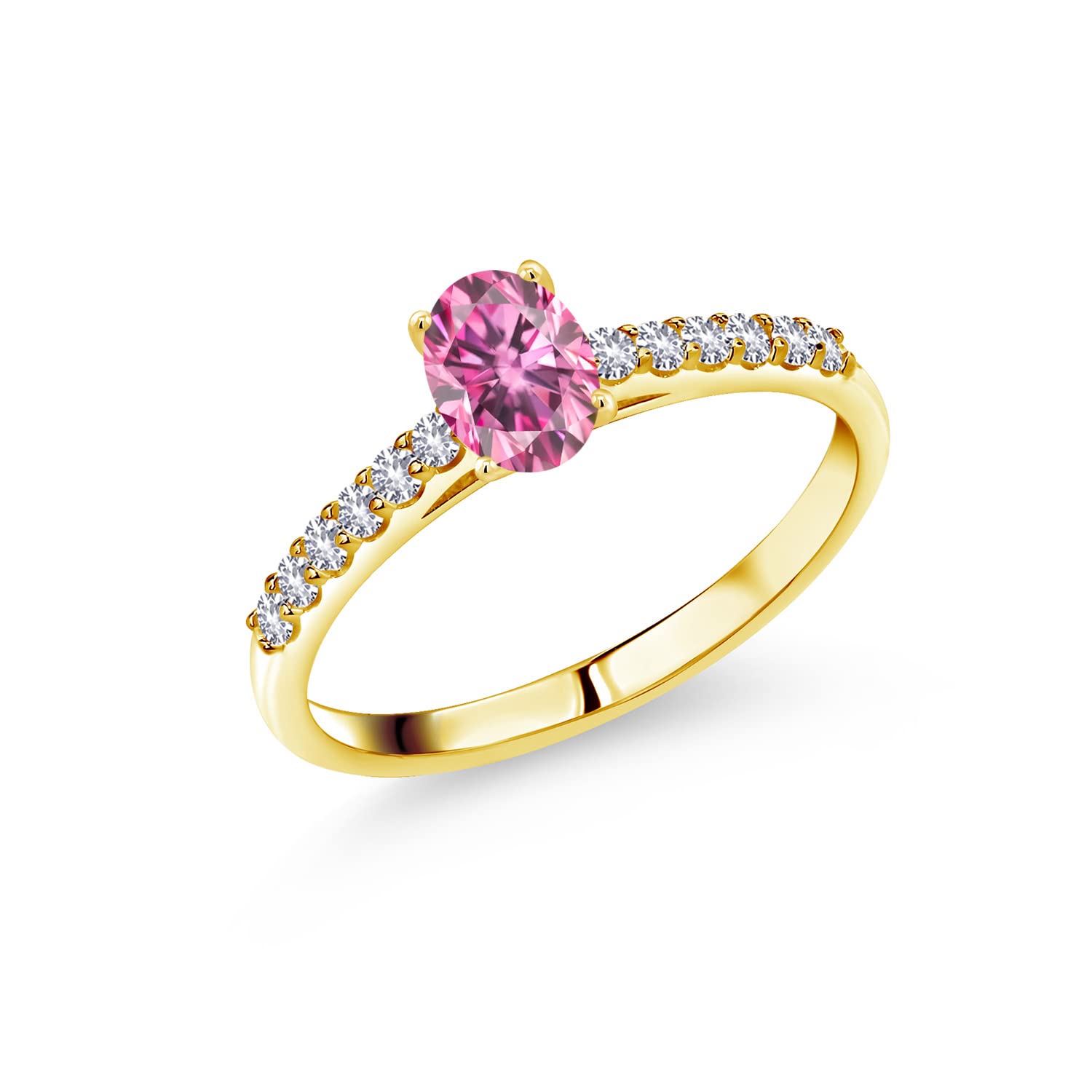 10K Yellow Gold Oval Pink Moissanite & Sapphire Ring for Women - 0.64 Cttw Gemstone Engagement Ring, Anniversary Gift, Valentine's Day Jewelry