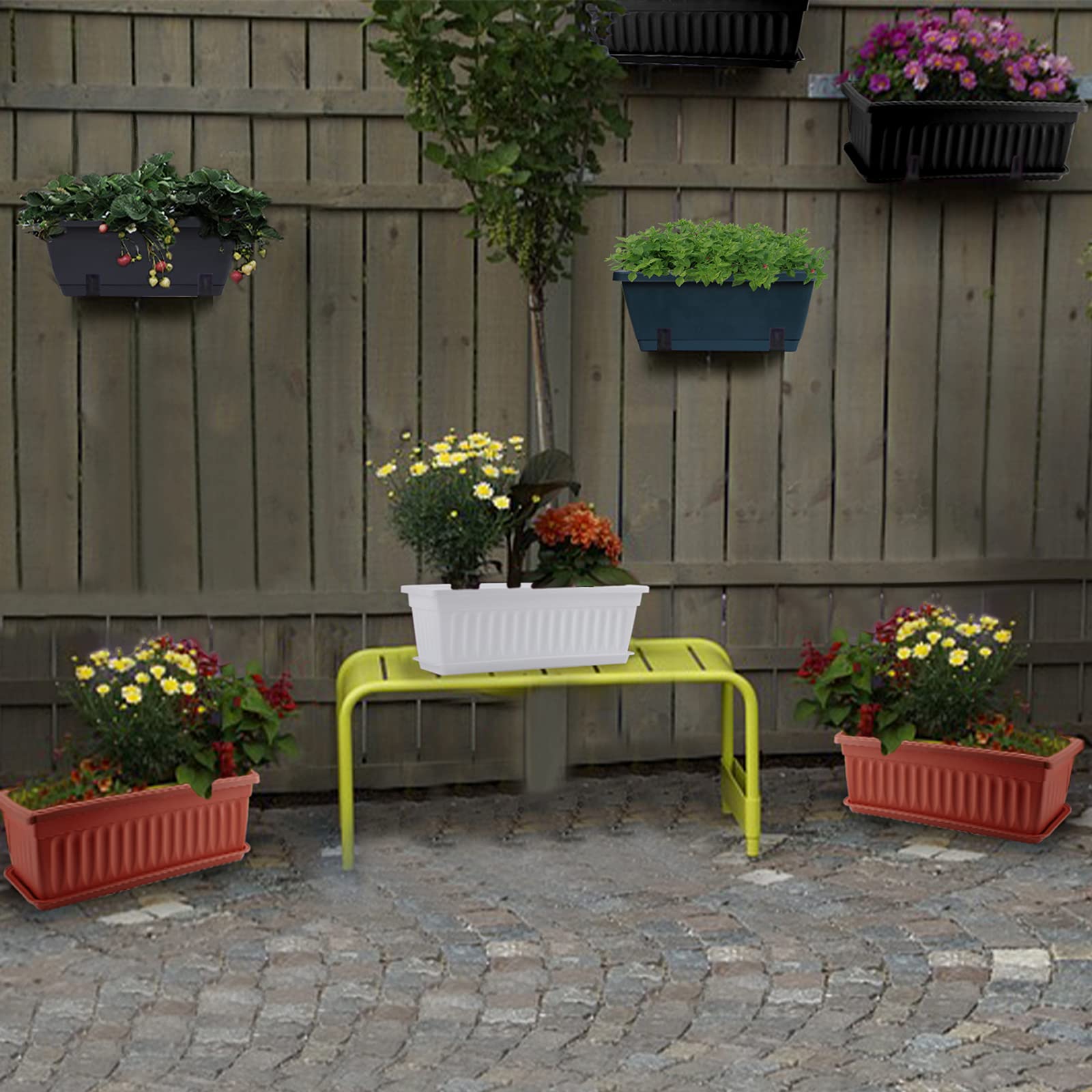GREANER 3-Pack 16.9x7.48 Inch Plastic Flower Pots with Drainage Trays - Long Windowsill Planters for Vegetables, Herbs & Succulents | Outdoor/Indoor Use for Garden, Balcony, Patio & Home Decor (Red)