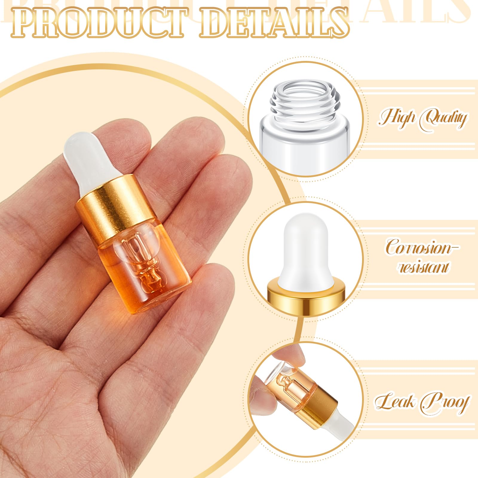 200 Pcs 2ml Mini Glass Dropper Bottles with Gold Lids - Travel Size Essential Oil Containers, Cosmetic Sample Vials for Perfume, DIY Liquids & Beauty Products - Perfect for Travel, Home Use & Gift Packaging