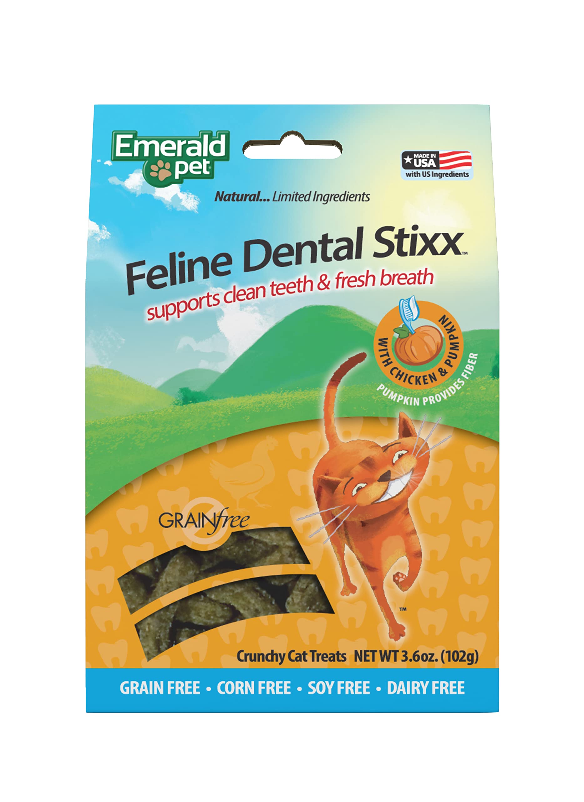 Emerald Pet Feline Dental Stixx - Grain Free Cat Dental Treats with Pumpkin for Digestive Health & Fresh Breath - Crunchy Chicken Flavor Dental Sticks for Clean Teeth - 3.6 oz - Perfect for Daily Oral Care & Playtime Rewards
