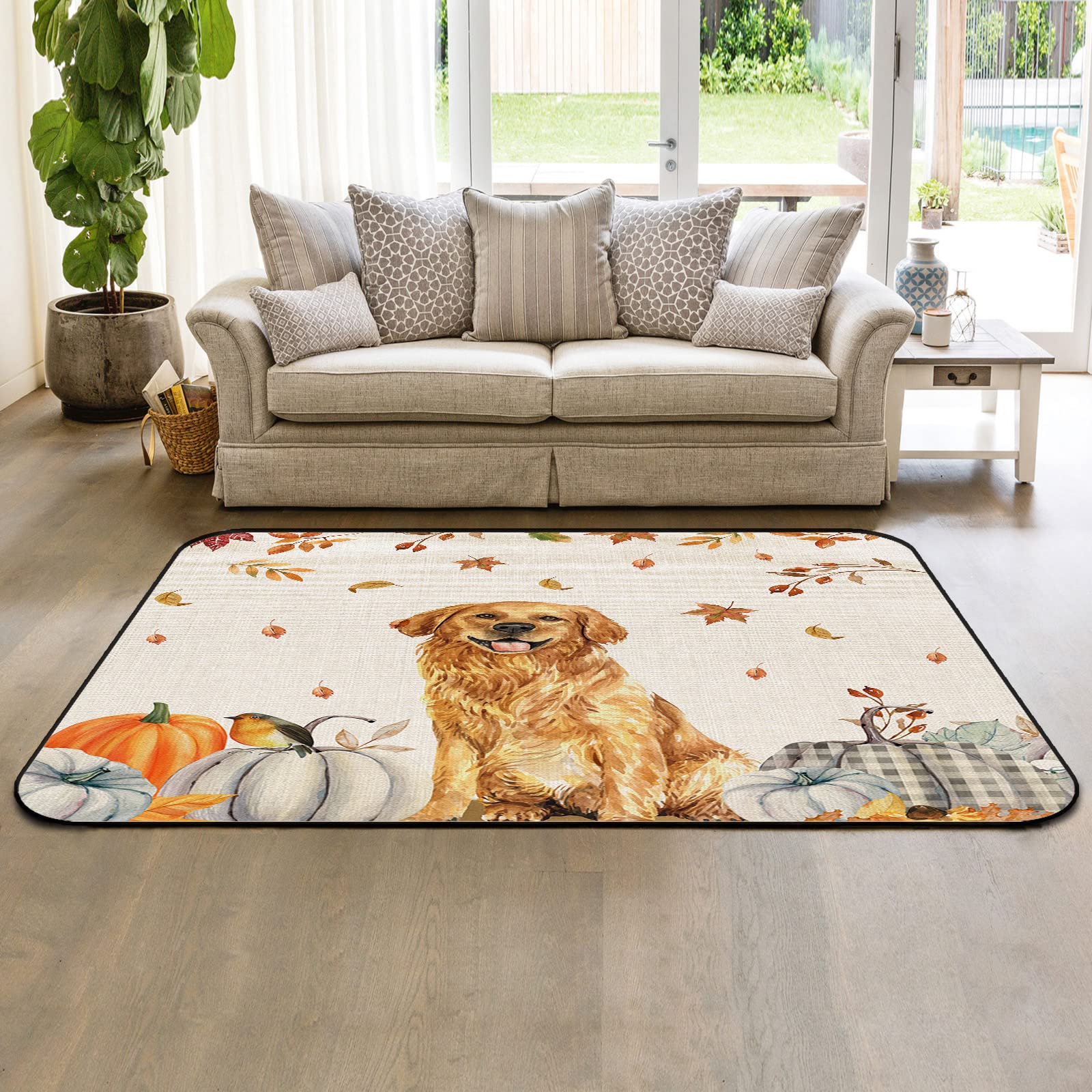 4' x 6' Modern Large Area Rugs - Soft Nursery Carpet for Kids Room, Thanksgiving Fall Decor Rug with Pumpkin & Maple Leaf Design - Indoor/Outdoor Living Room, Bedroom, Patio Floor Covering - Perfect for Autumn Home Decor, Cozy Family Gatherings and Pet-Friendly Spaces