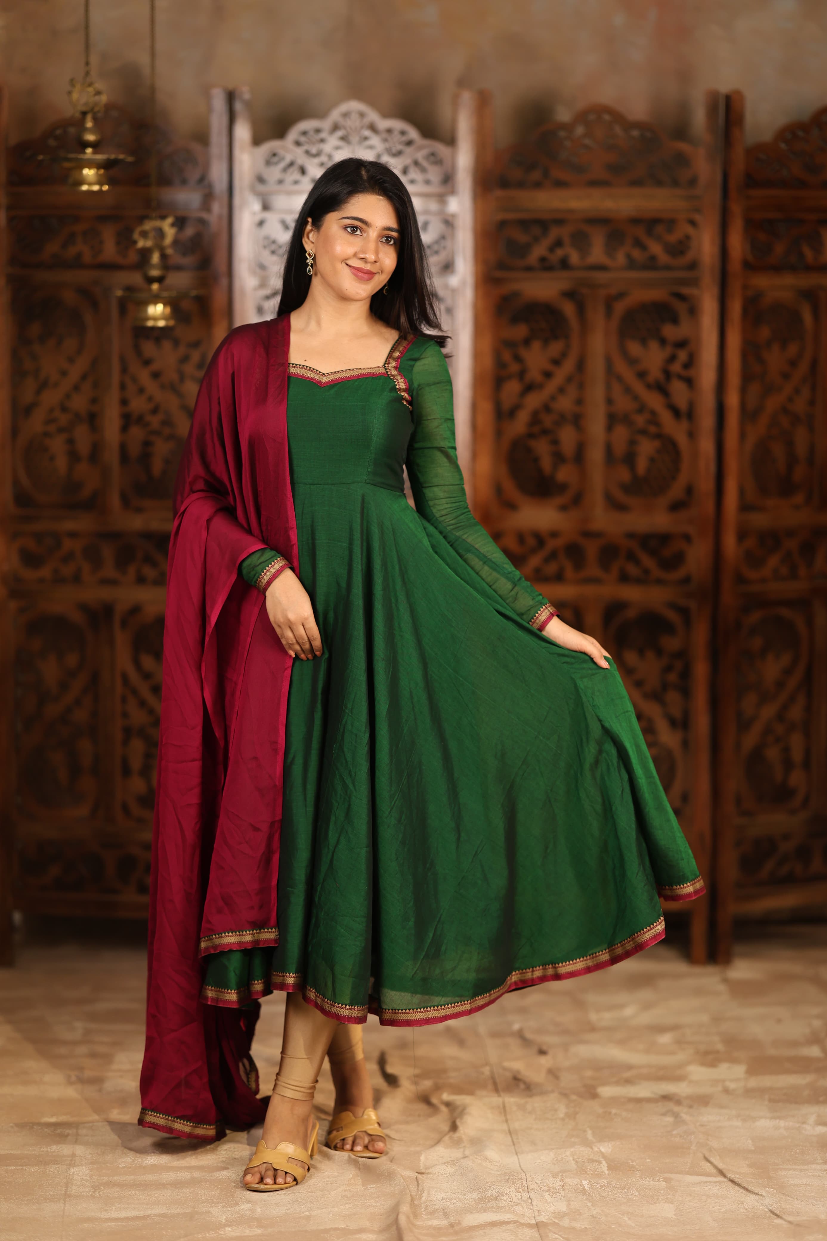 DD766 Thendral Pure Cotton Anarkali Dress - Women's Elegant Long Kurti with Flared Hem - Perfect for Festivals, Parties & Casual Wear