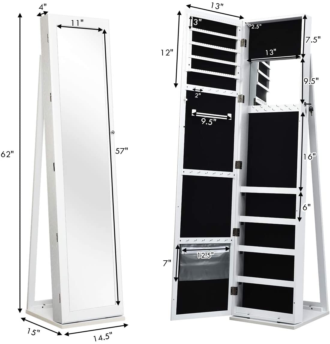 FANTASK Full Length Mirror Jewelry Cabinet with Lock - Free Standing Jewelry Armoire Organizer with Makeup Mirror, Large Storage & Stable Base - White Vanity Dresser for Bedroom, Closet & Bathroom Organization