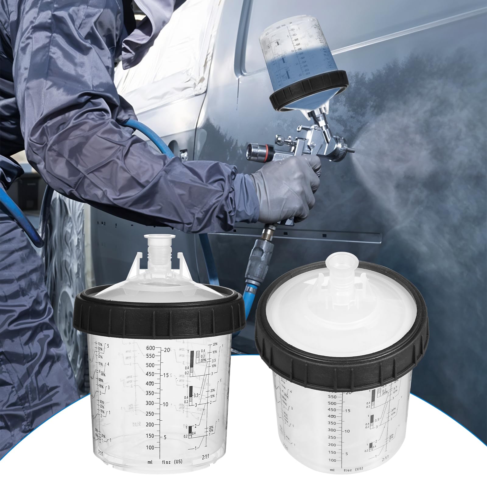 10 Pack 20oz (600ml) Paint Spray Gun Cups with Lids & Strainers - Includes 10 Disposable Liners, 1 Hard Cup with Retainer Ring & 10 Plugs - Perfect for Automotive, Woodworking & DIY Spray Painting Projects