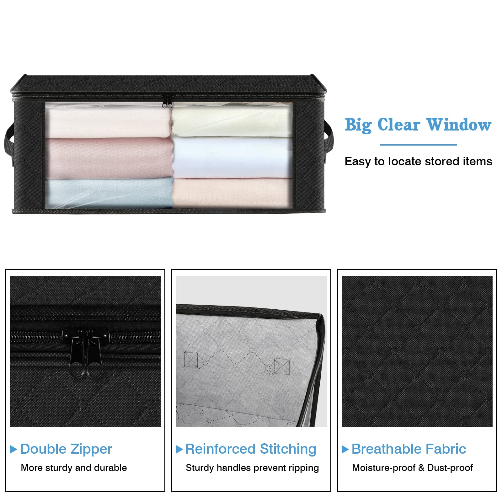 HomeHacks 3-Pack Foldable Storage Bags with Clear Window & Sturdy Handles - 35L Clothes Organizer Box for Closet, Dorm, Travel | Perfect for Pillows, Bedding, Blankets, Stuffed Toys & Seasonal Clothing Storage (Black)