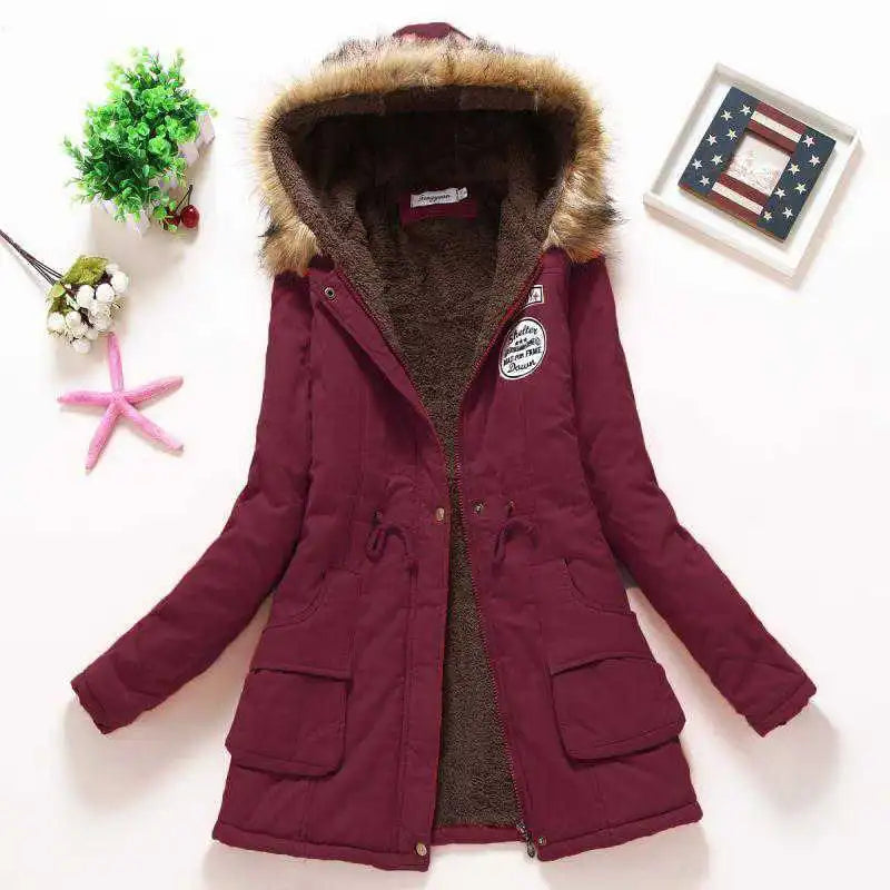 Women's Cotton Padded Jacket - Slim Fit Embroidered Hooded Parka for Autumn & Winter | Warm Quilted Overcoat for Casual Wear & Outdoor Activities