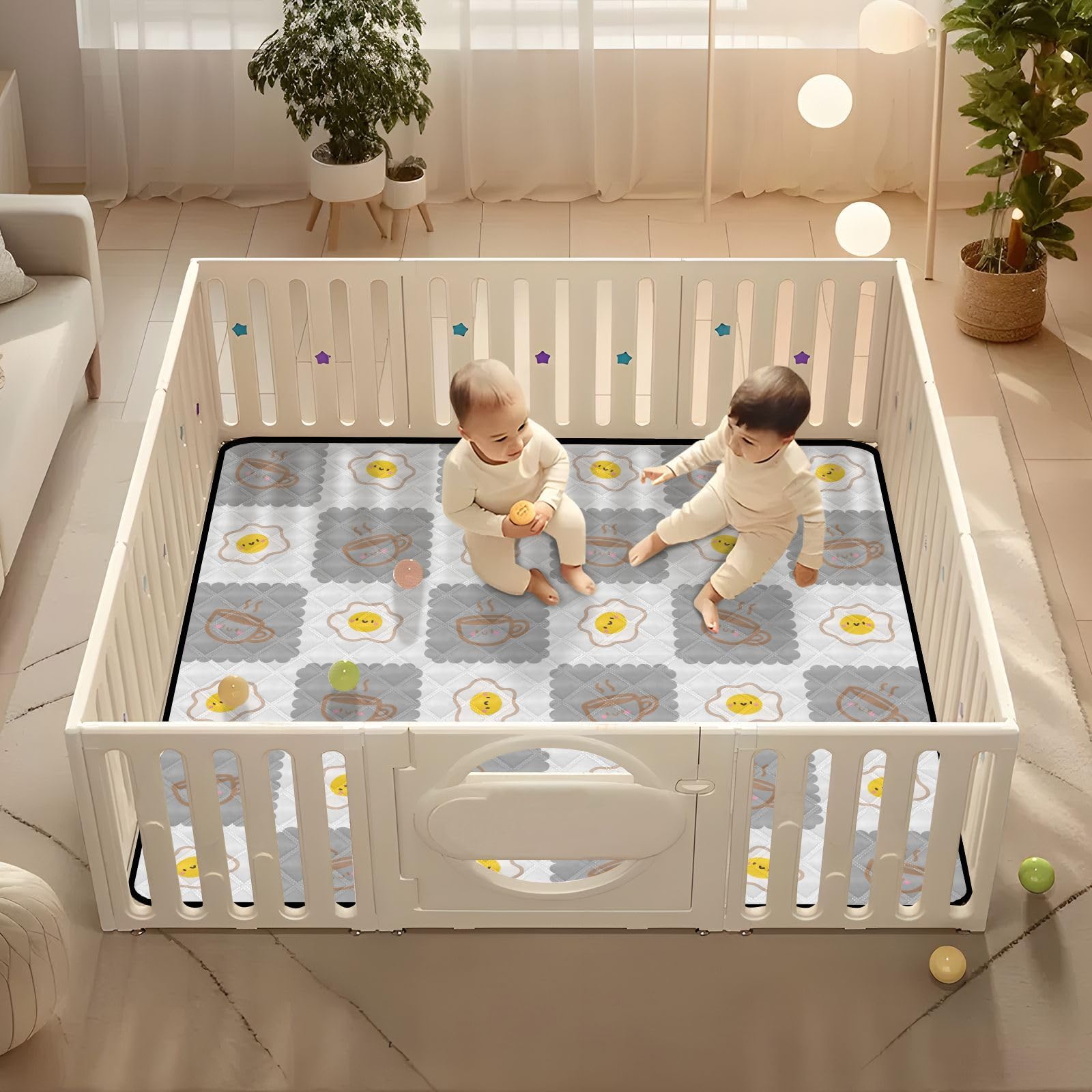 KICPOAY Non-Slip Baby Play Mat - 50x50 Inch Grey Coffee Cup & Fried Egg Design | Soft Cushioned Floor Play Gym Mat for Infants, Babies & Toddlers | Perfect for Crawling, Tummy Time & Safe Play Areas