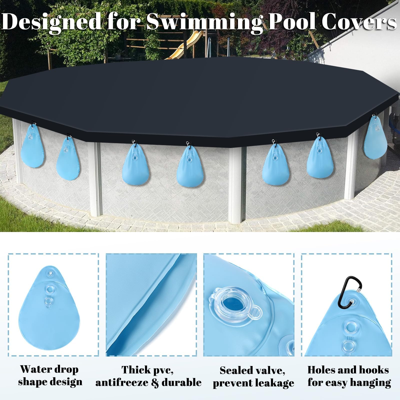 8 Pack Heavy Duty Pool Cover Weights with Hooks - Leakproof PVC Water Bags for Above Ground Swimming Pools - Winter Tarp Weights, Anti-Freeze Protection - Perfect for Securing Pool Covers During Cold Weather and Storms