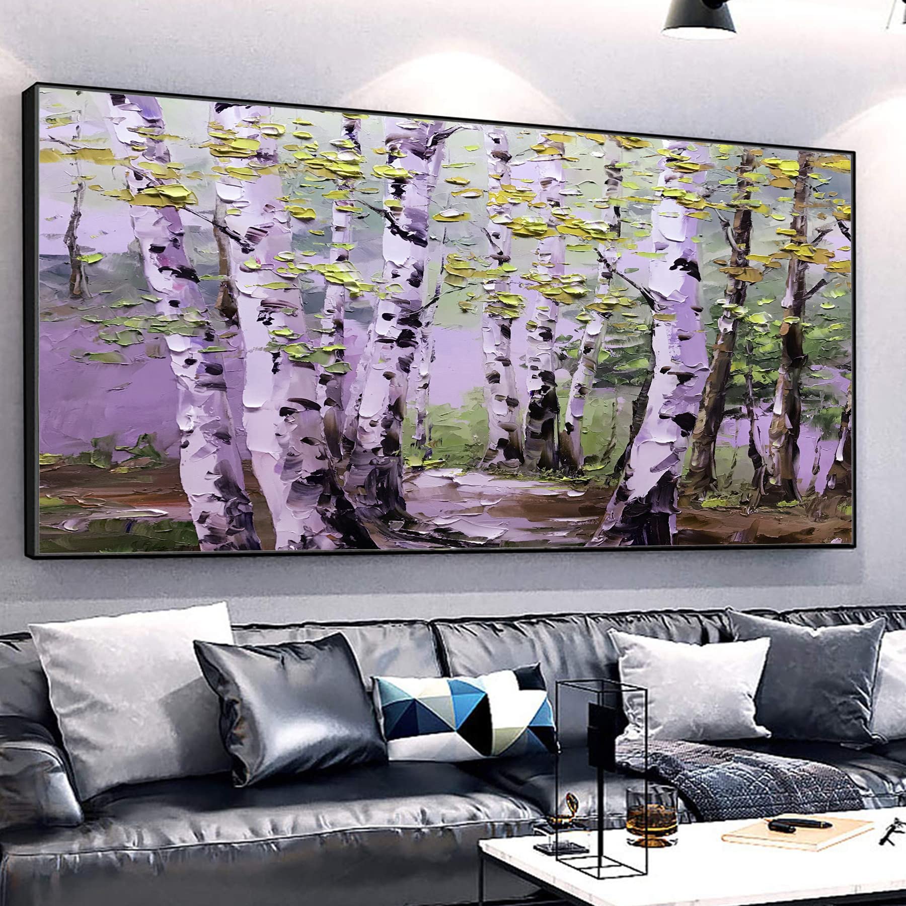 Original Hand-Painted Green Birch Forest Landscape Oil Painting on Canvas - Large Textured Tree Artwork (64x32 Inches Unframed) - Perfect for Boho Home Decor, Christmas Wall Art & Nature-Inspired Living Room Decor