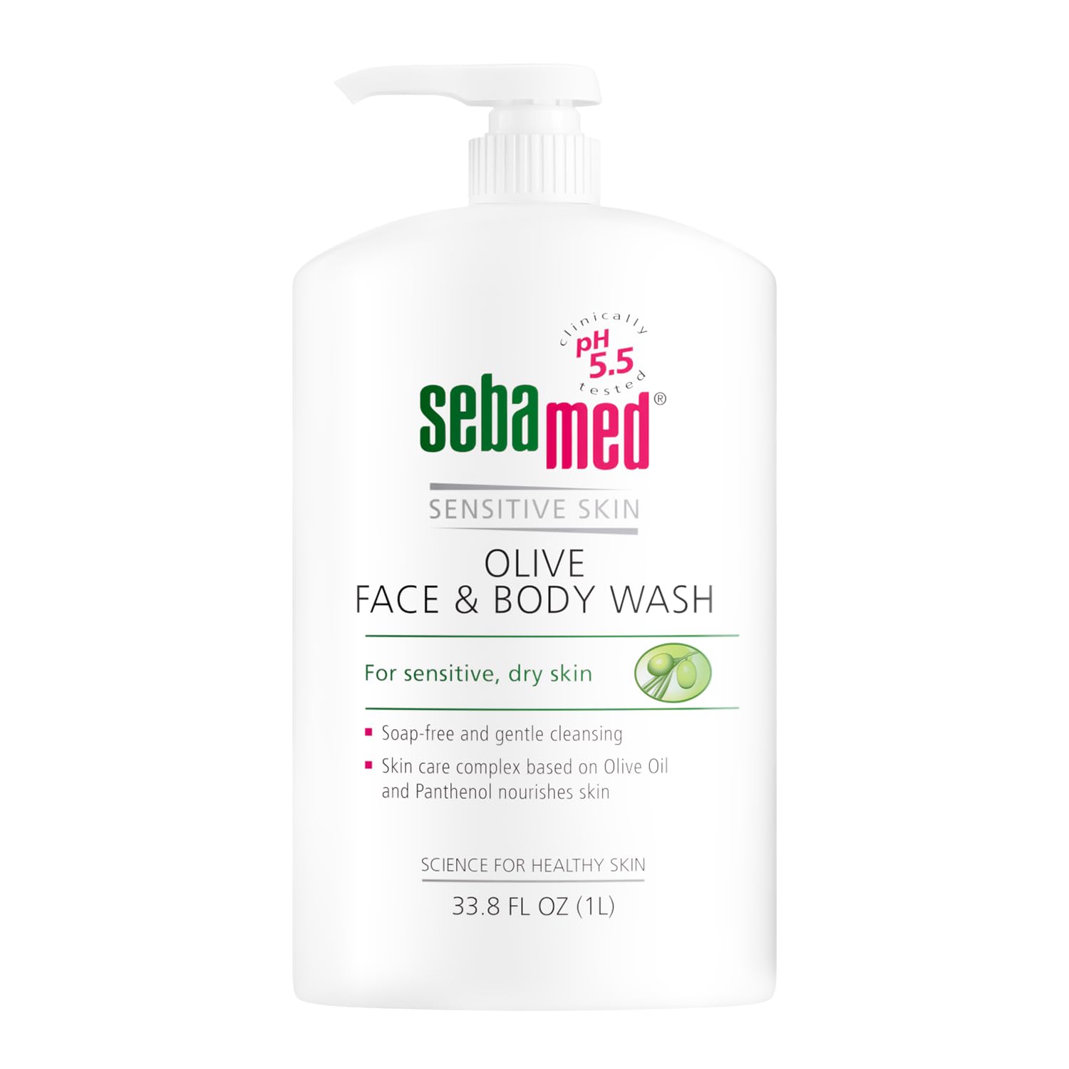 Sebamed Olive Face and Body Wash with Pump - pH 5.5 Ultra Mild Cleanser for Sensitive Skin - Dermatologist Recommended - 33.8 fl oz (1 Liter) - Gentle Daily Cleansing for Face, Body & Baby Care