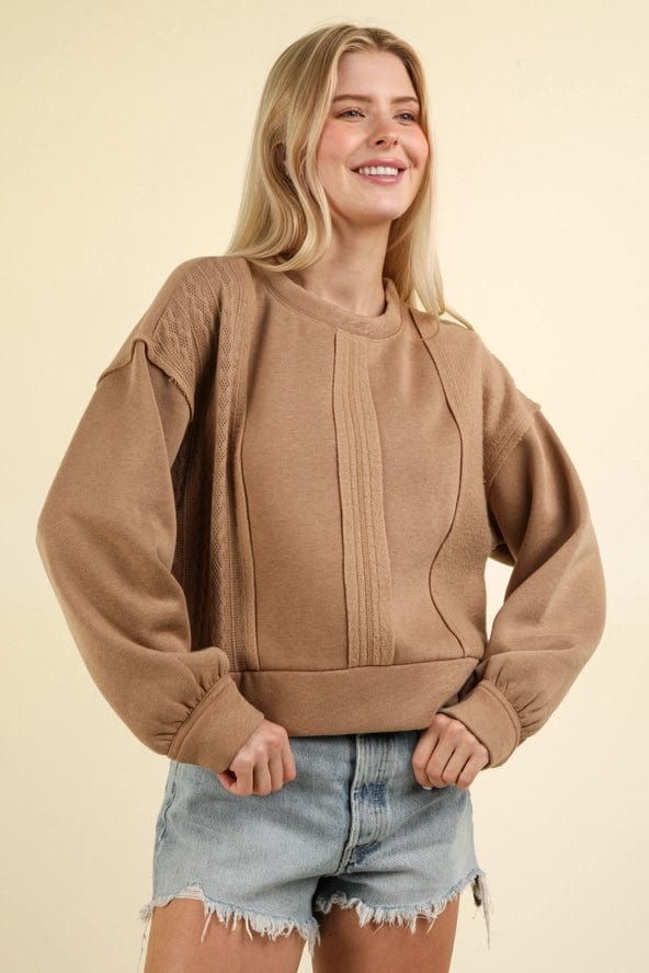 Stylish Mocha Cable Knit Contrast Pullover Sweater for Women | Cozy Winter Fashion | Perfect for Casual Outings & Holiday Gatherings