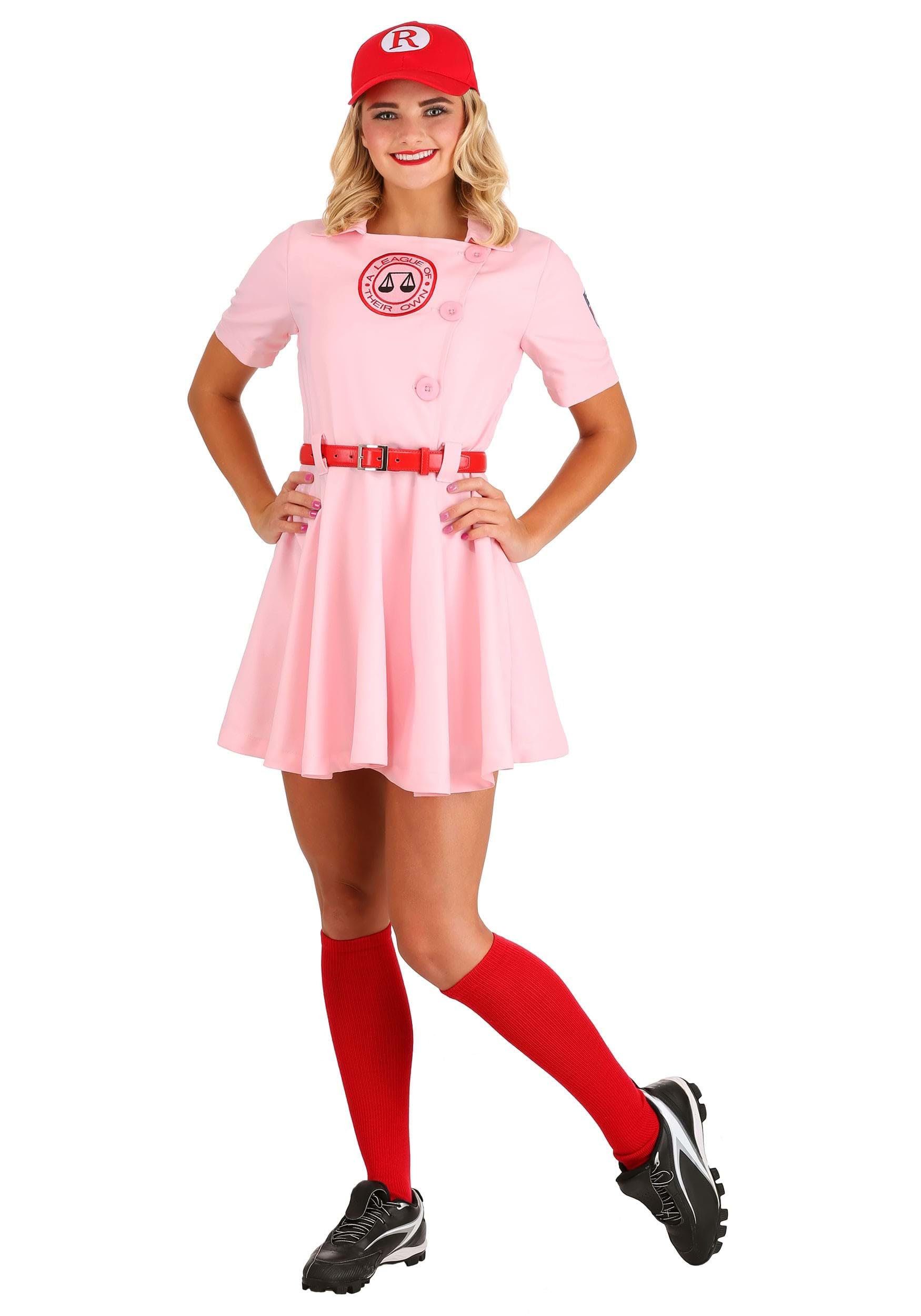 Vintage Dottie Baseball Costume for Women - Pink Retro Baseball Dress with Hat, Belt, Numbers & Socks | 1940s A League of Their Own Halloween Cosplay, Themed Parties & Costume Events