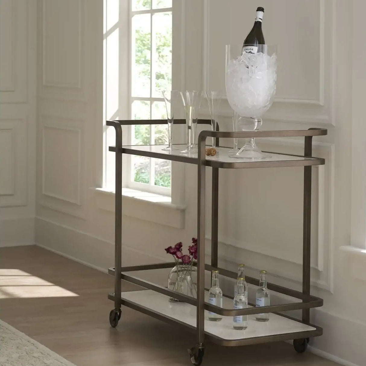 Vintage Gold Bar Cart - Antique Style Rolling Drink Trolley for Home Bar, Party & Outdoor Entertaining