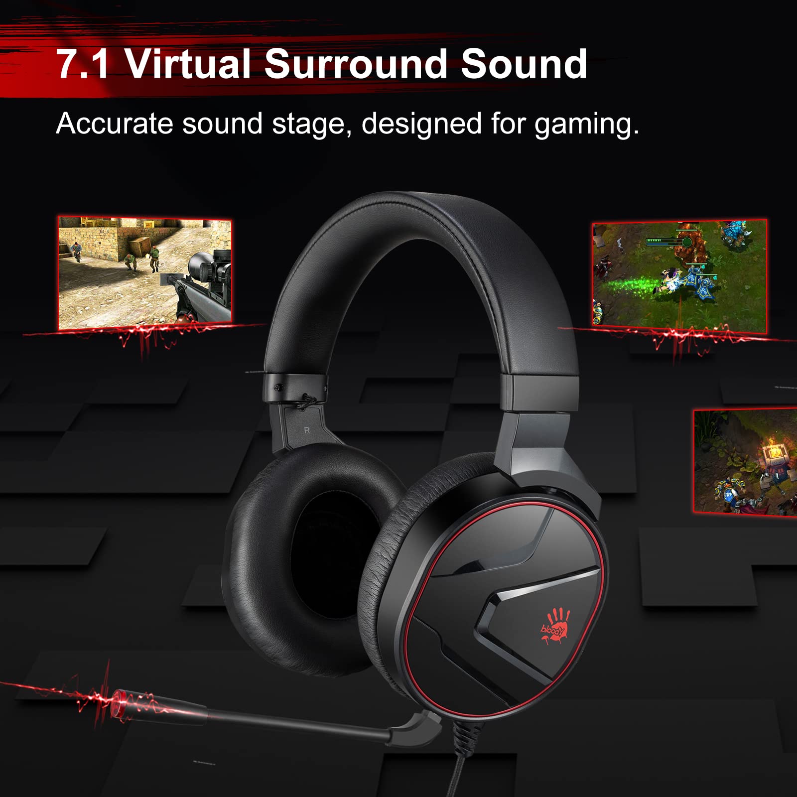 Bloody G600i Wired Gaming Headset with Microphone - 7.1 Virtual Surround Sound, Detachable Noise Canceling Mic, Memory Foam Earpads - Over-Ear Headphones for Xbox, PS4/5, Nintendo Switch, PC (Black) - Perfect for Competitive Gaming, Streaming & Online Chat