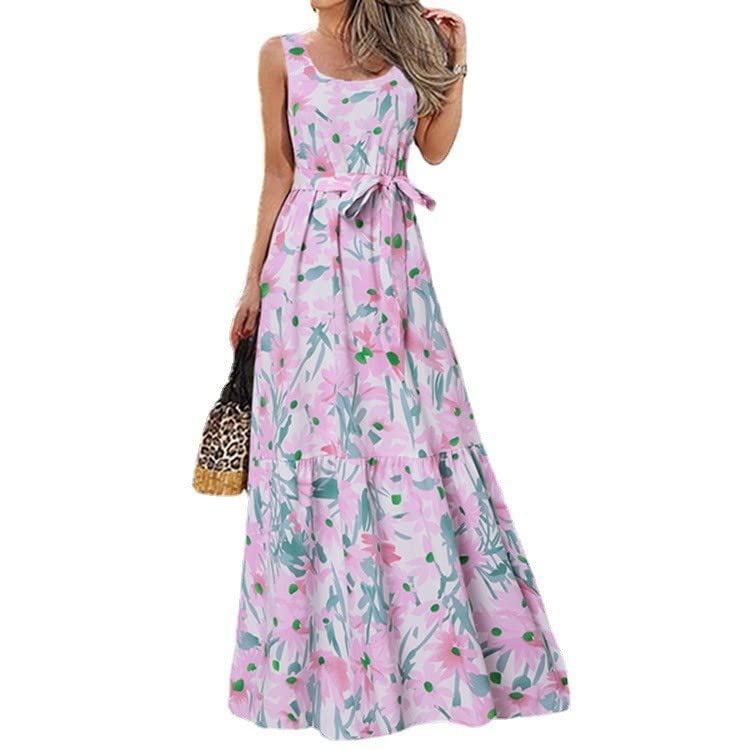 2022 Women's Summer Sleeveless Crew Neck Vintage Floral Print Maxi Boho Dress - Casual Beach Dress for Vacation, Party & Outdoor Activities