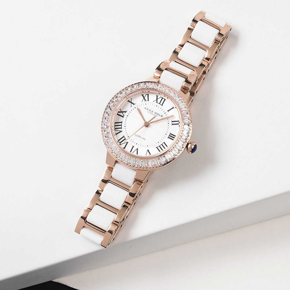Aries Gold Enchant Capella Rose Gold Stainless Steel Women's Watch with White Ceramic Band - Elegant Timepiece for Casual Wear, Office & Special Occasions