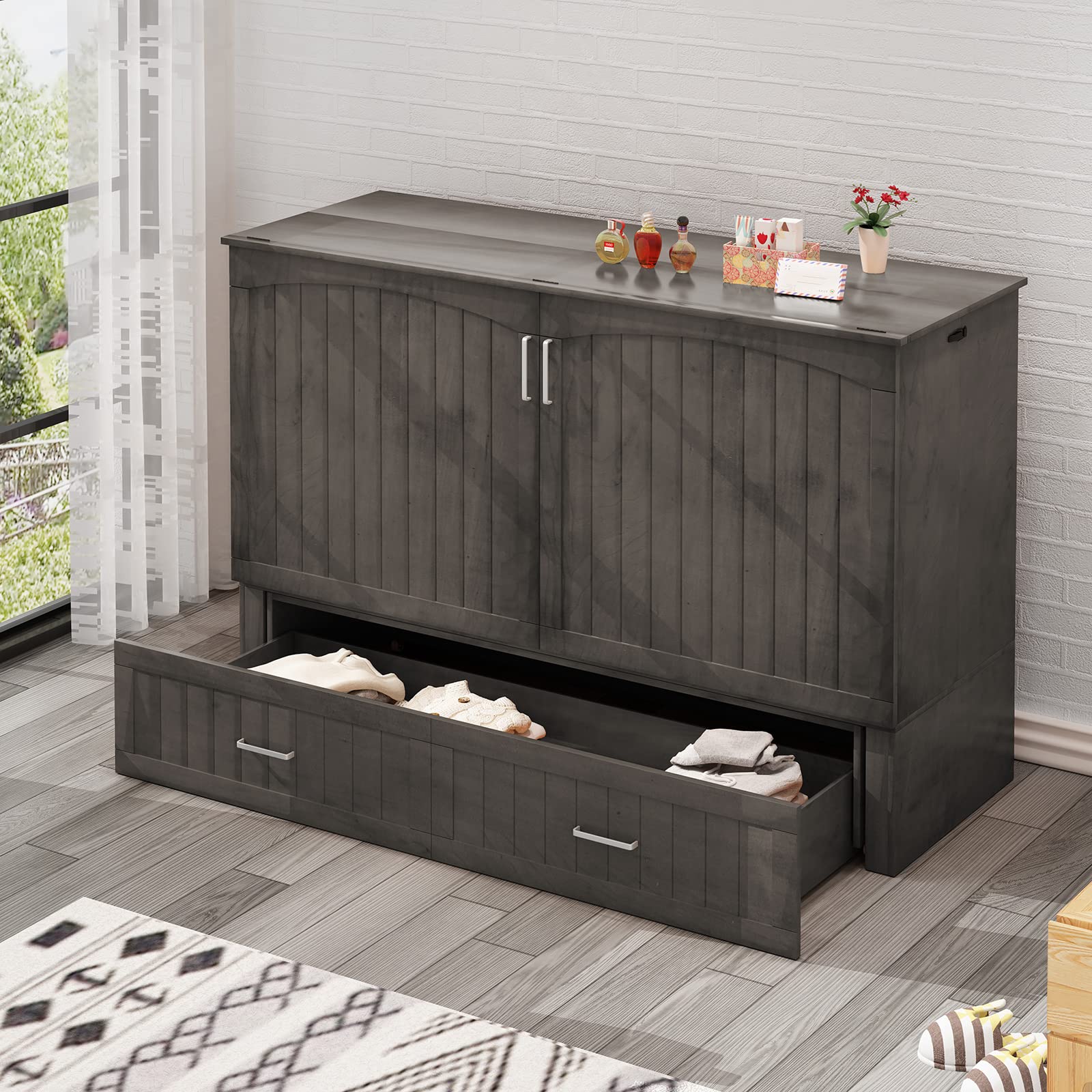 Horgaeo Queen Murphy Bed Cabinet with Mattress - Space Saving Wall Bed with USB Charging Port & Large Storage Drawer - Fold Down Guest Bed for Small Rooms, Apartments, Home Office - Modern Gray Design - Perfect for Studio Living, Vacation Homes & Compact Spaces