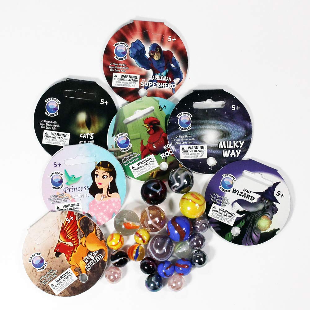 Premium Mega Themed Marbles Set by Glasfirma - 24 Player Marbles (9/16'') + 1 Steel Torpedo Shooter (7/8'') - Classic Game for Family Fun & Kids Outdoor Activities