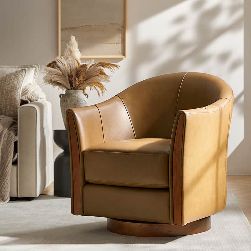 Clara Genuine Leather Swivel Barrel Chair with Solid Wood Base - Stylish Home Office & Living Room Accent Chair for Comfortable Seating
