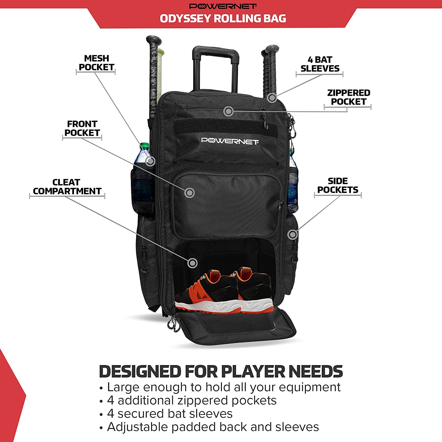 PowerNet Baseball & Softball Bat Backpack - Durable Multi-Equipment Bag for Players & Coaches - Perfect for Games, Practice & Travel