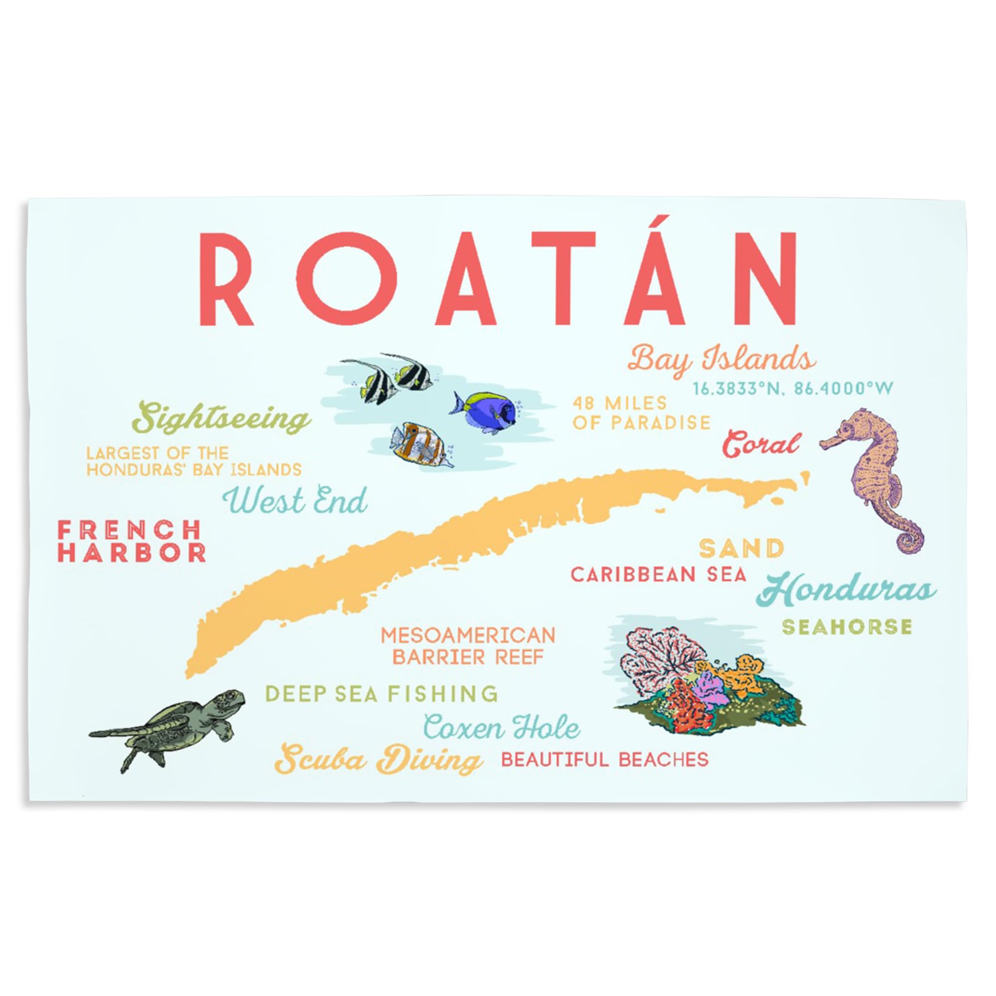 Lantern Press 16x24 Inch Giclee Art Print - Roatan Island Typography & Icon Wall Decor - Perfect for Living Room, Bedroom & Office Decor