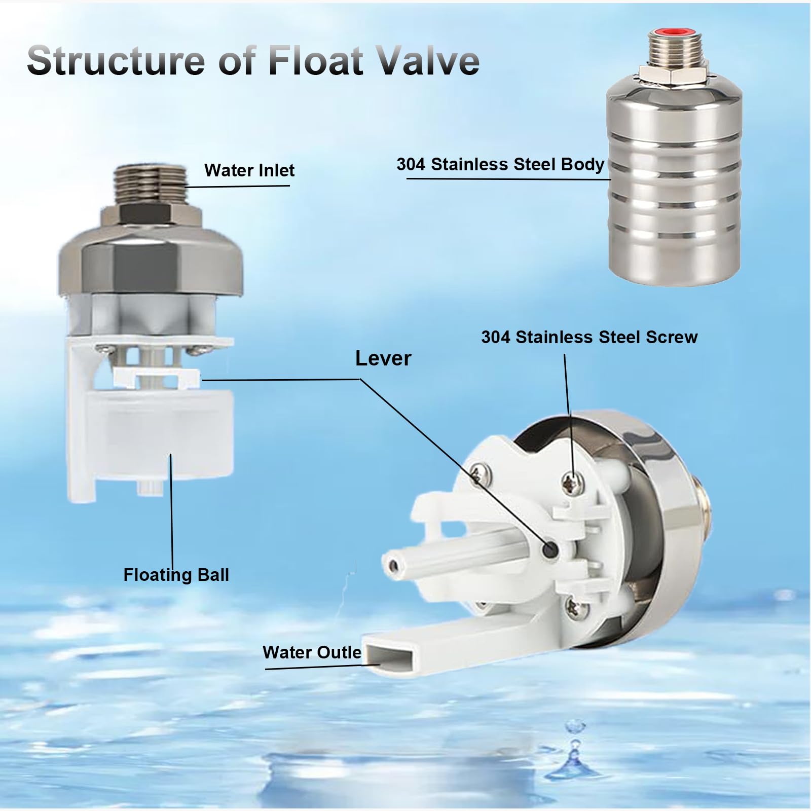 3PCS 304 Stainless Steel Automatic Water Float Valve for Tank, Pool & Livestock Troughs - 1/2