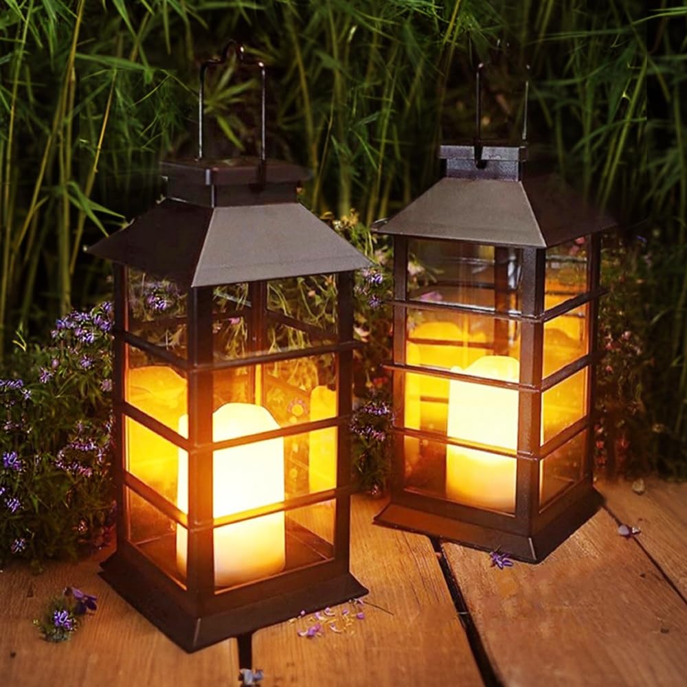 2 Pack Outdoor Solar Lanterns - Waterproof Hanging Solar Lights for Garden, Yard, Porch - Flameless Flickering LED Table Lamps - Perfect for Christmas, Xmas Tree, Patio & Backyard Decor (Black)