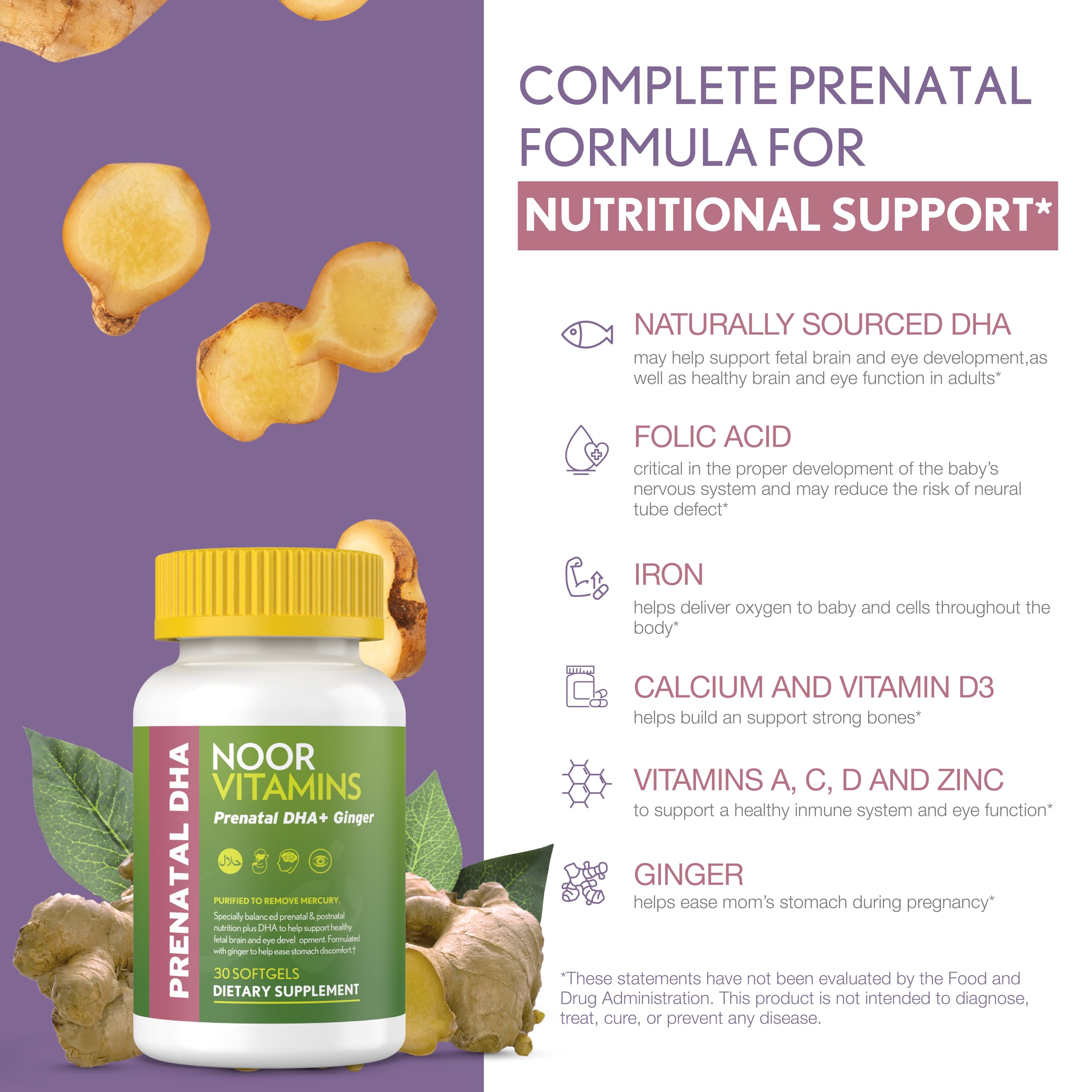 Halal Prenatal Vitamins with DHA, Folic Acid & Ginger - Noor Vitamins for Pregnancy Support Before, During & After - Iron-Rich Softgels for Morning Sickness Relief & Baby Development - 1 Month Supply - Perfect for Expecting Moms Seeking Natural Prenatal Care