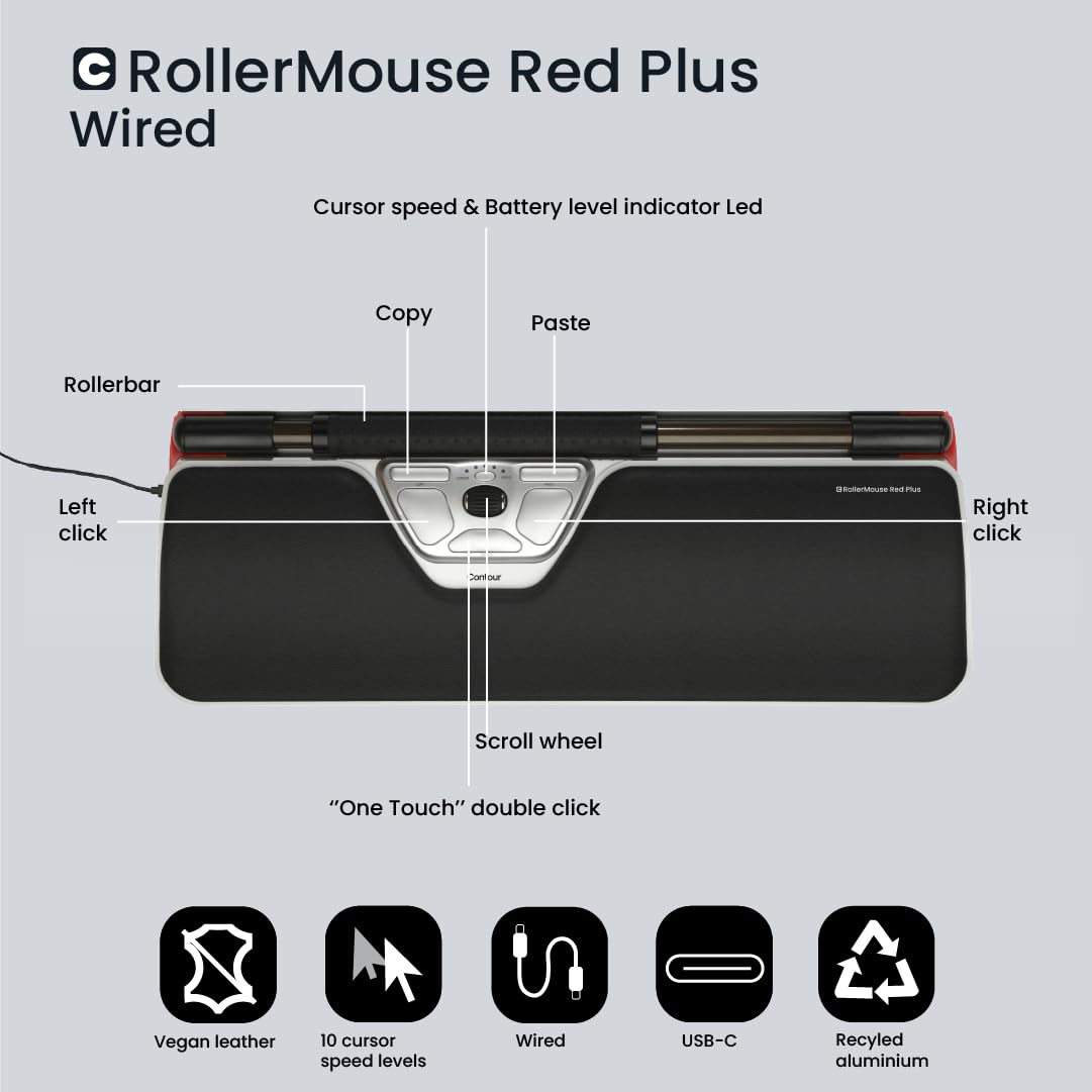 Contour RollerMouse Red Plus Ergonomic Vertical Mouse - Wired USB-C Computer Mouse for Pain Relief & Carpal Tunnel Prevention - Perfect for Office Work, Gaming & Long Computer Sessions