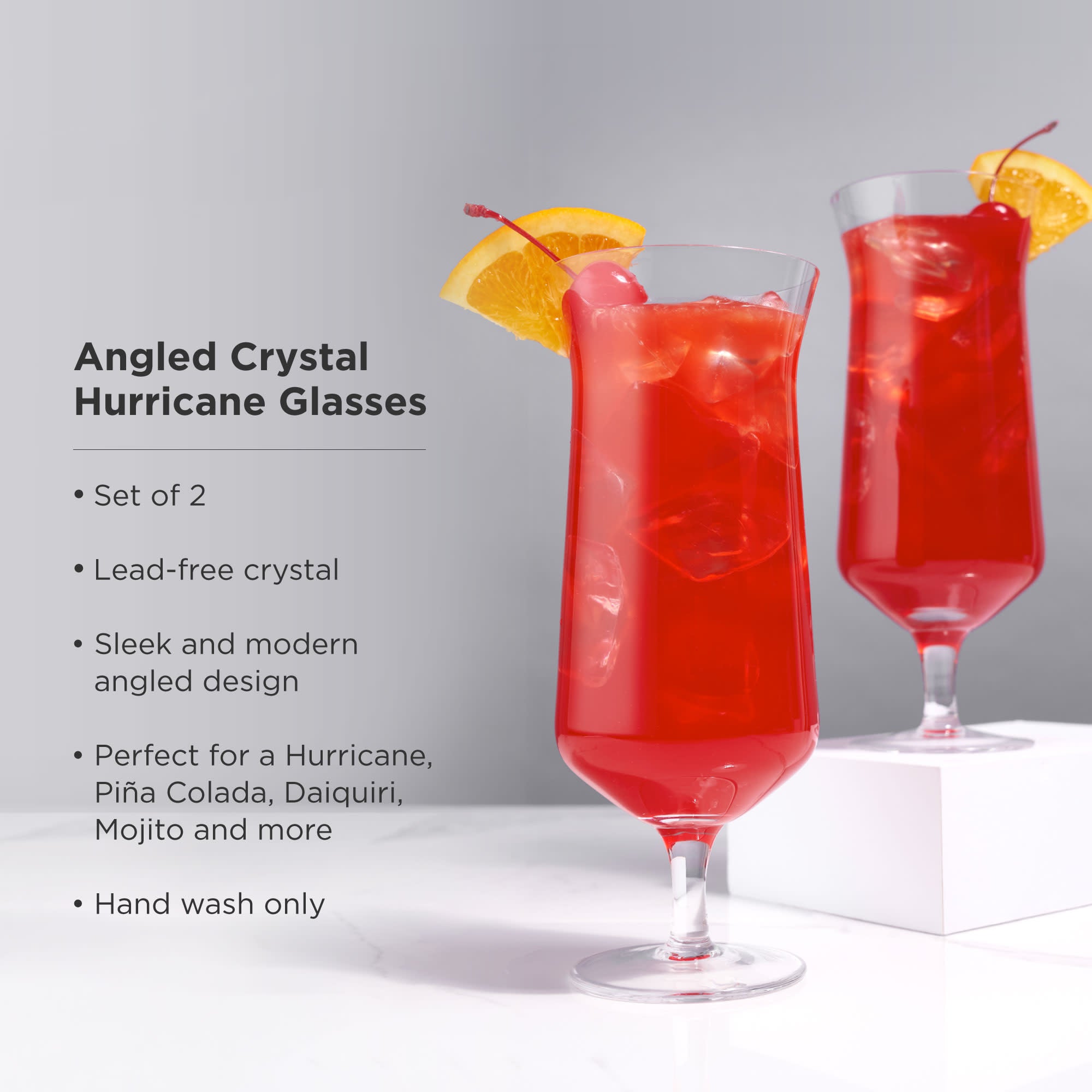 Raye Angled Crystal Hurricane Glasses Set of 2 - Elegant Stemware for Wine, Cocktails & Home Decor - Perfect for Dinner Parties, Weddings & Holiday Entertaining