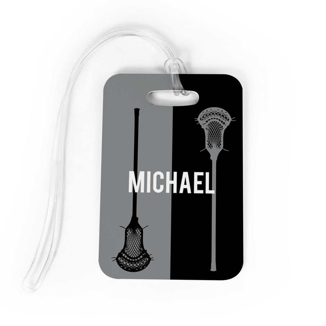 Personalized Vertical Lacrosse Stick Luggage Tag for Men - Medium Size Gray/Black with Standard Lines - Perfect for Travel, Sports Gear & Team Identification