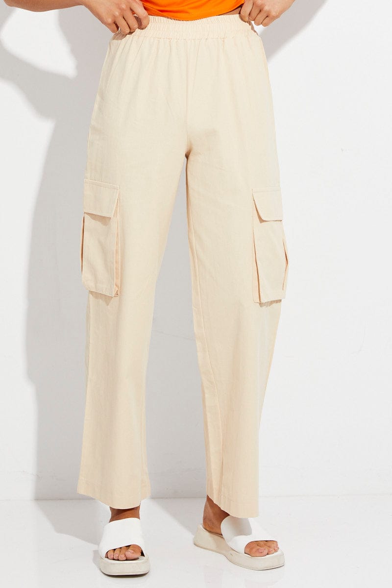 Beige Elastic Waist High Rise Wide Leg Cargo Pants for Women - Comfortable Stretch Work Pants & Casual Streetwear Fashion | Perfect for Office, Travel and Everyday Wear