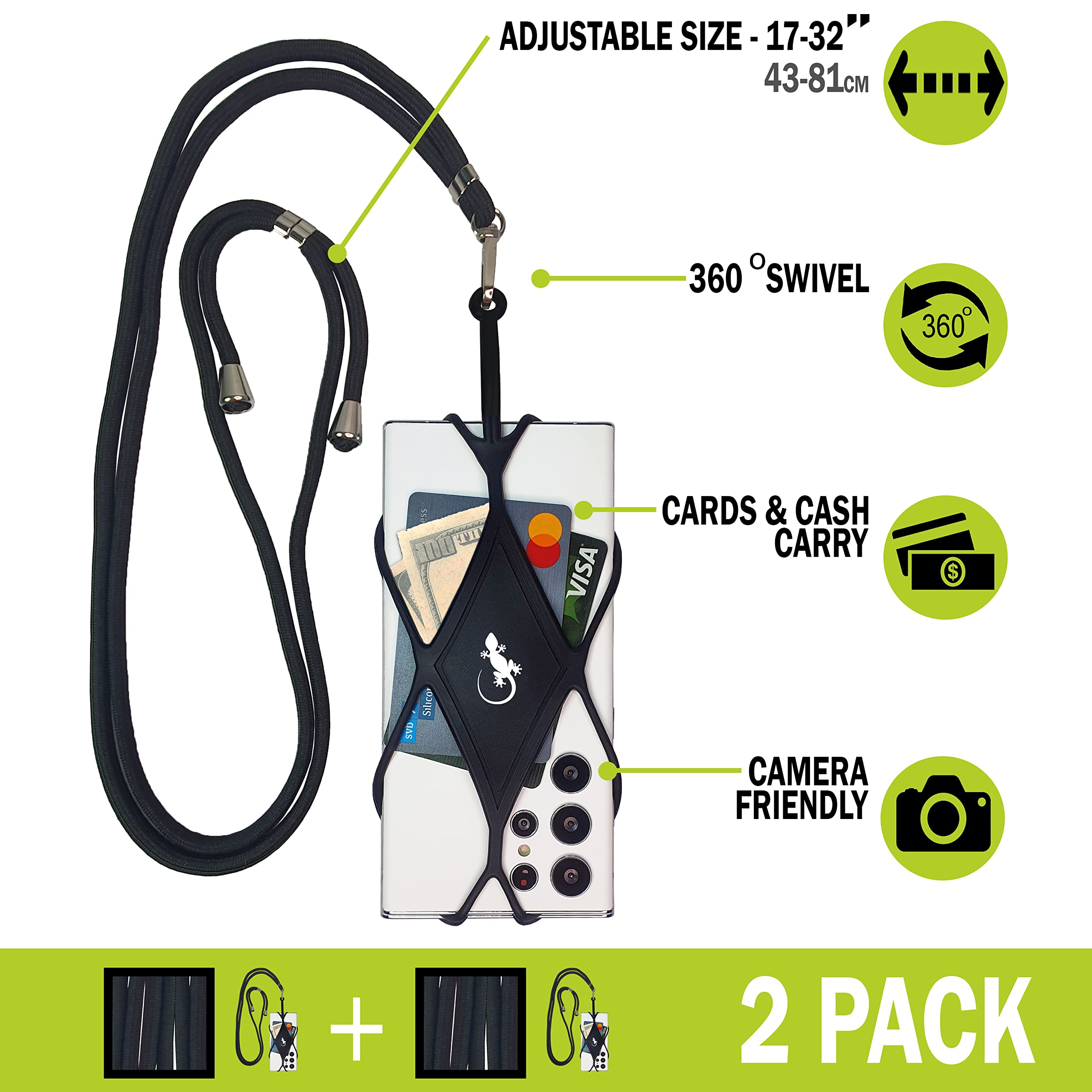 Gecko Cell Phone Lanyard 2-Pack - Neck Strap for iPhone - Black | Hands-Free for Work & Travel