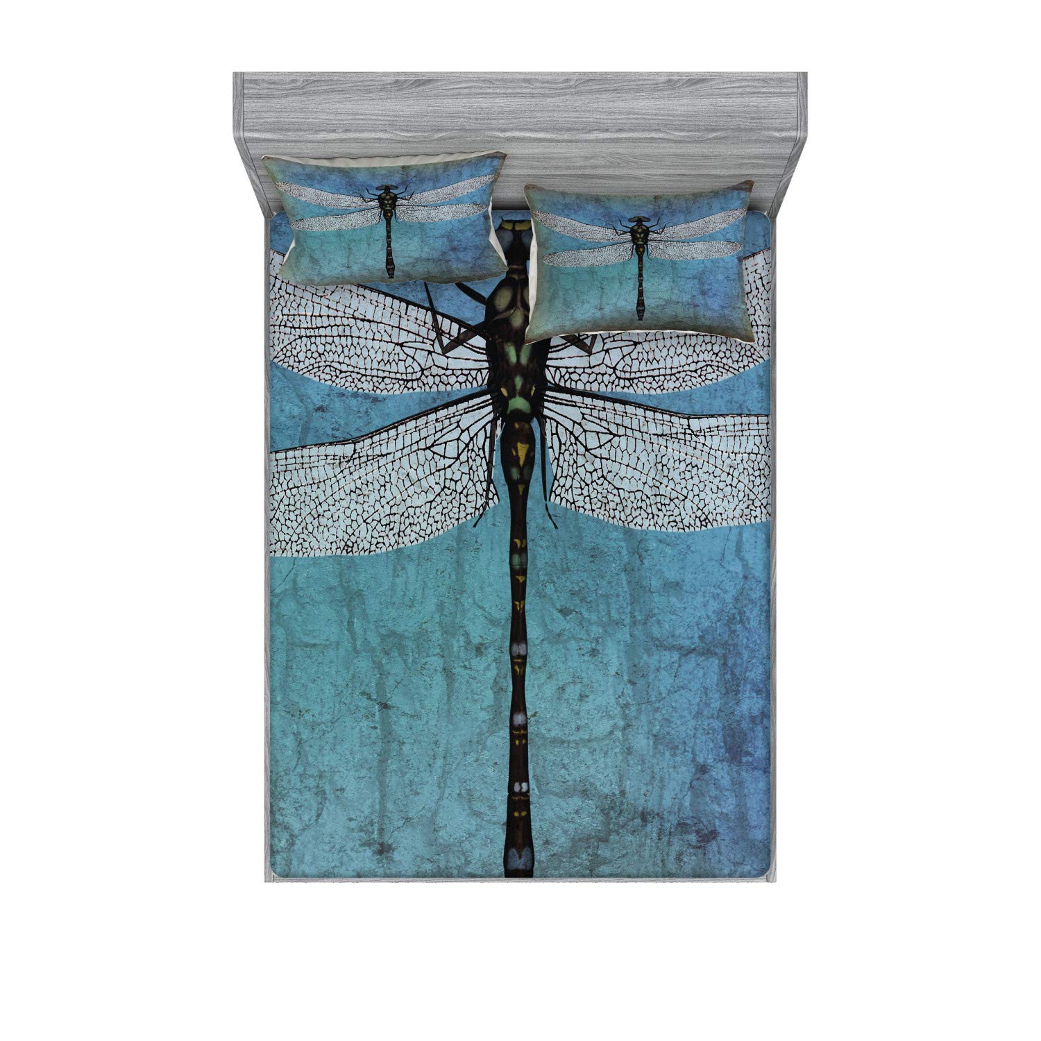 Ambesonne Dragonfly 3-Piece Bedding Set - King Size Fitted Sheet & Pillow Shams, Vintage Grunge Ombre Design with Turquoise Dark Blue Dragonfly Print - Perfect for Bohemian Bedroom Decor & Guest Room Styling