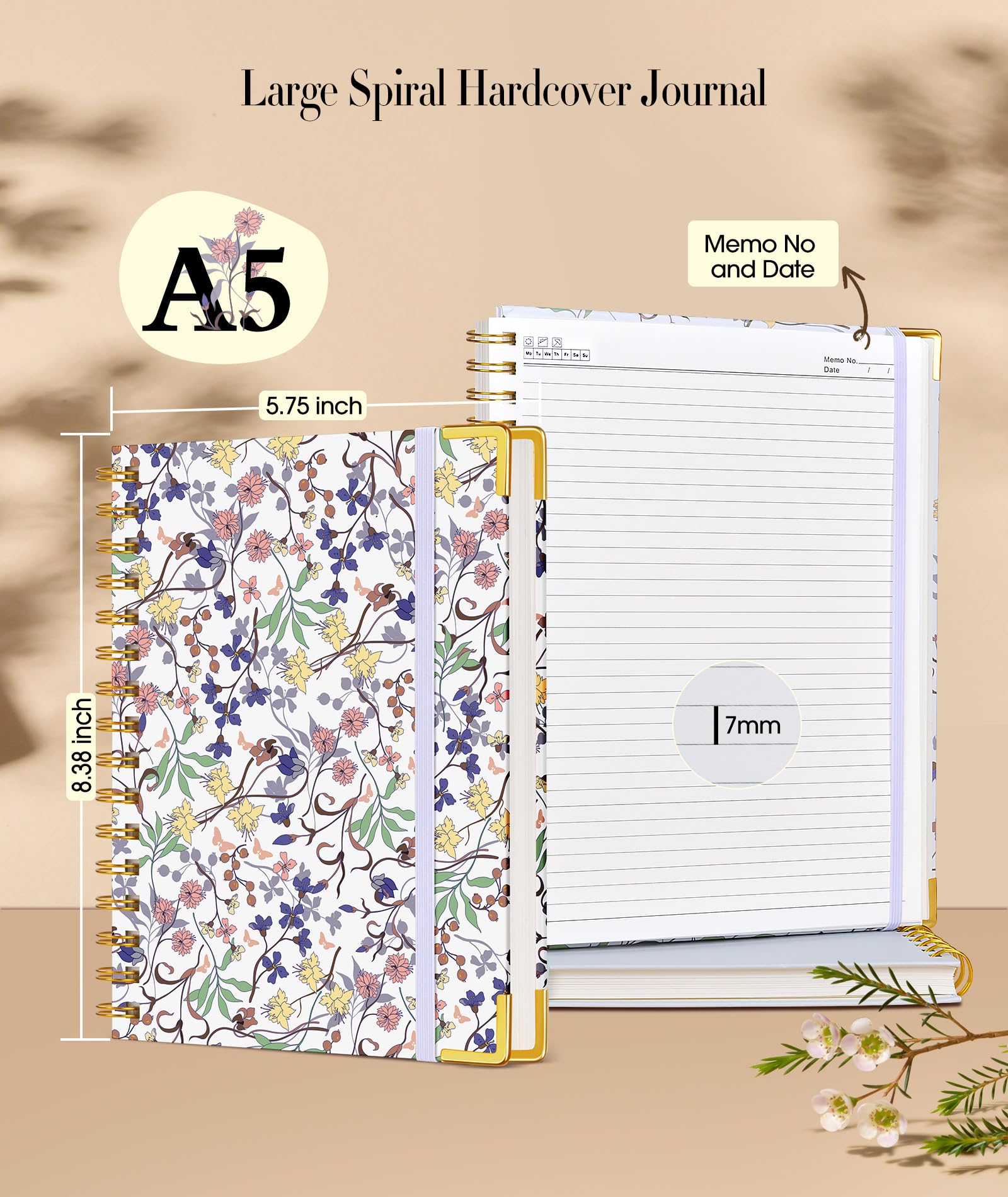 Elegant Purple Floral Spiral Notebook for Women - 160 Page A5 Lined Journal with 100 GSM Thick Paper, 5.75