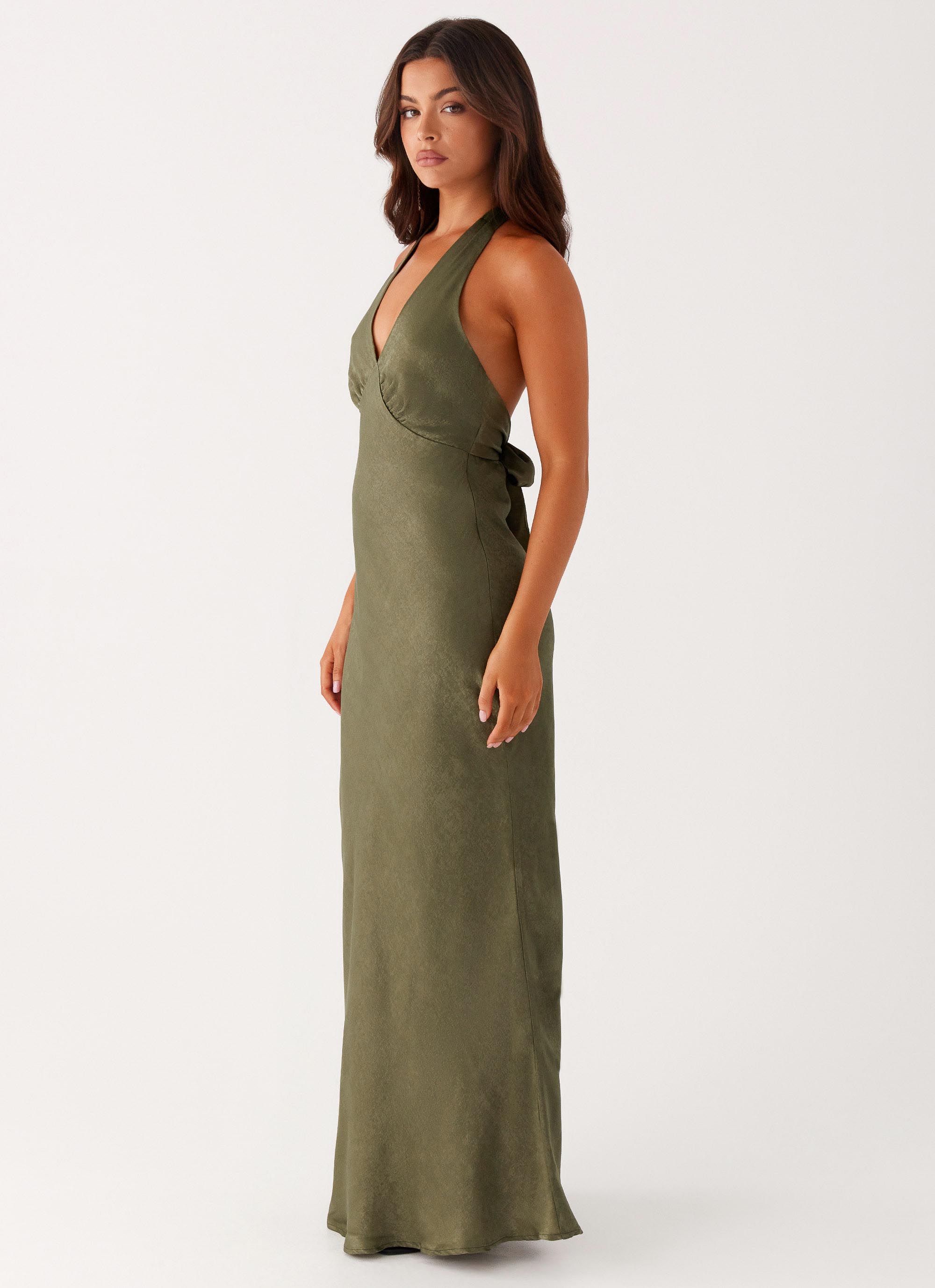 Heavy Hearted Satin Maxi Dress in Khaki - Elegant Evening Gown for Weddings, Parties & Special Occasions