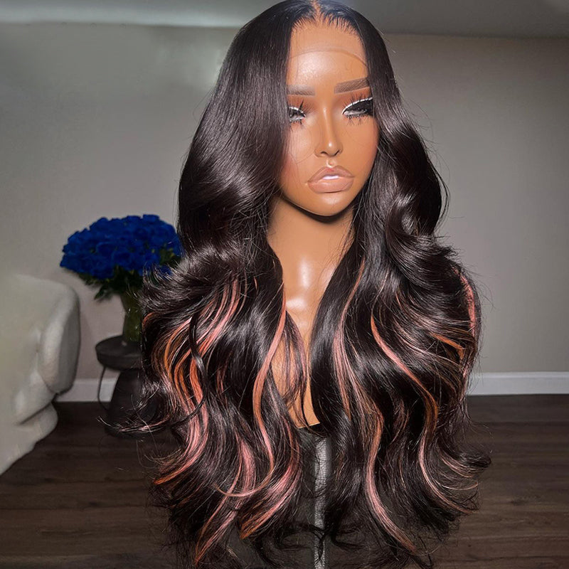 Eullair Body Wave Human Hair Wig with Pink Highlights - Glueless Lace Frontal Wig for Women - Perfect for Daily Wear, Parties & Cosplay