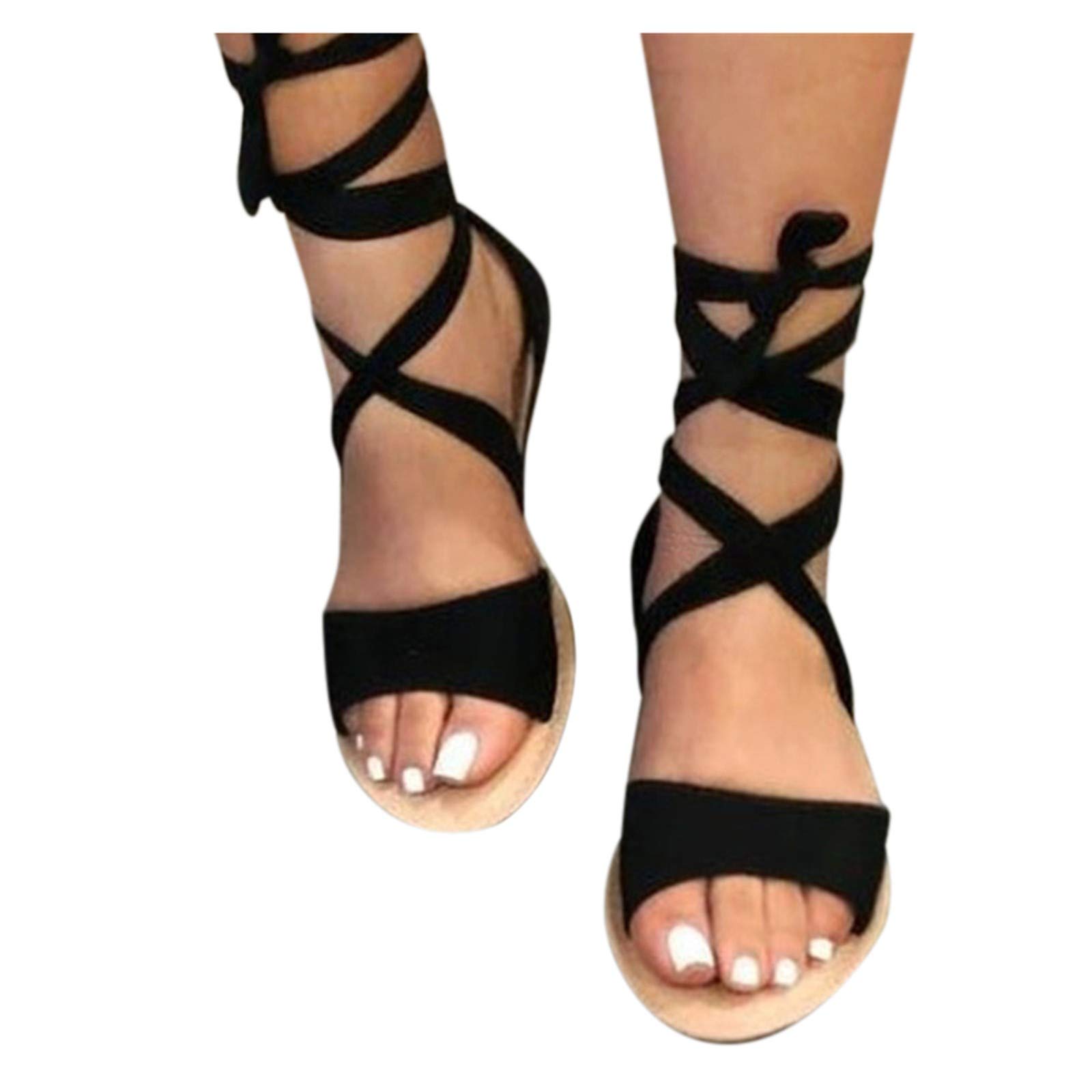Women's Solid Cross Strap Sandals - Fashion Hollow Roman Hemp Rope Flat Sandals with Lace Wedge | Perfect for Beach, Vacation & Summer Outfits