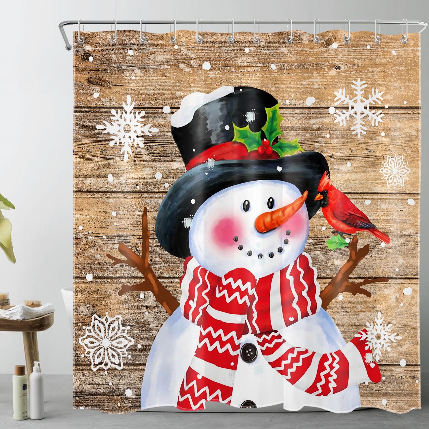 HVEST Farmhouse Christmas Shower Curtain - Snowman & Cardinal Design on Rustic Wood Brown Background, Winter Snowflake Pattern Polyester Fabric Bathroom Decor (72x72 Inch) with Hooks - Perfect for Holiday Bathroom Decor, Seasonal Home Styling, and Cozy Winter Atmosphere