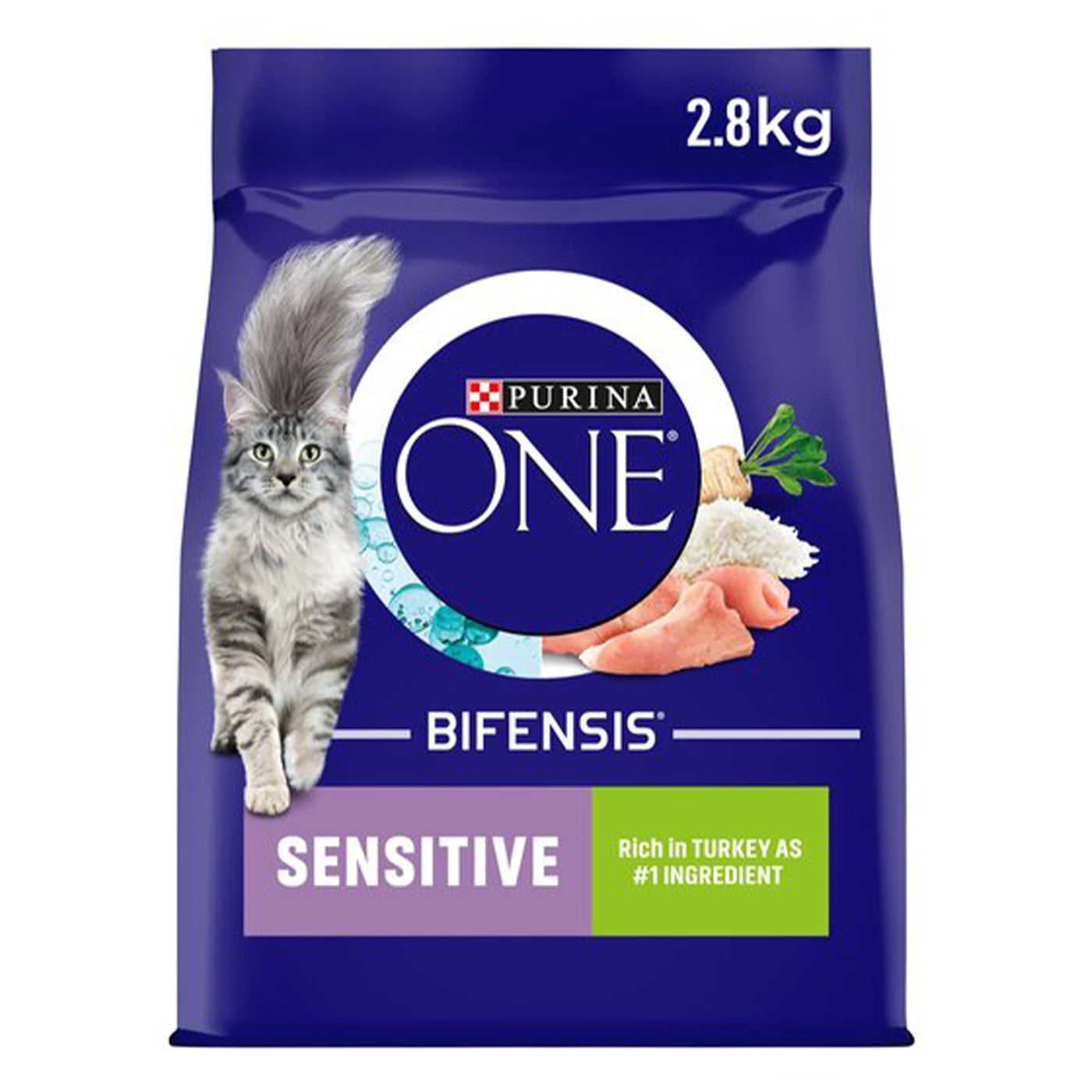 Purina ONE Sensitive Adult Cat Food - Turkey & Rice Recipe, 2.8kg Dry Kibble for Digestive Health | Ideal for Indoor Cats with Food Sensitivities