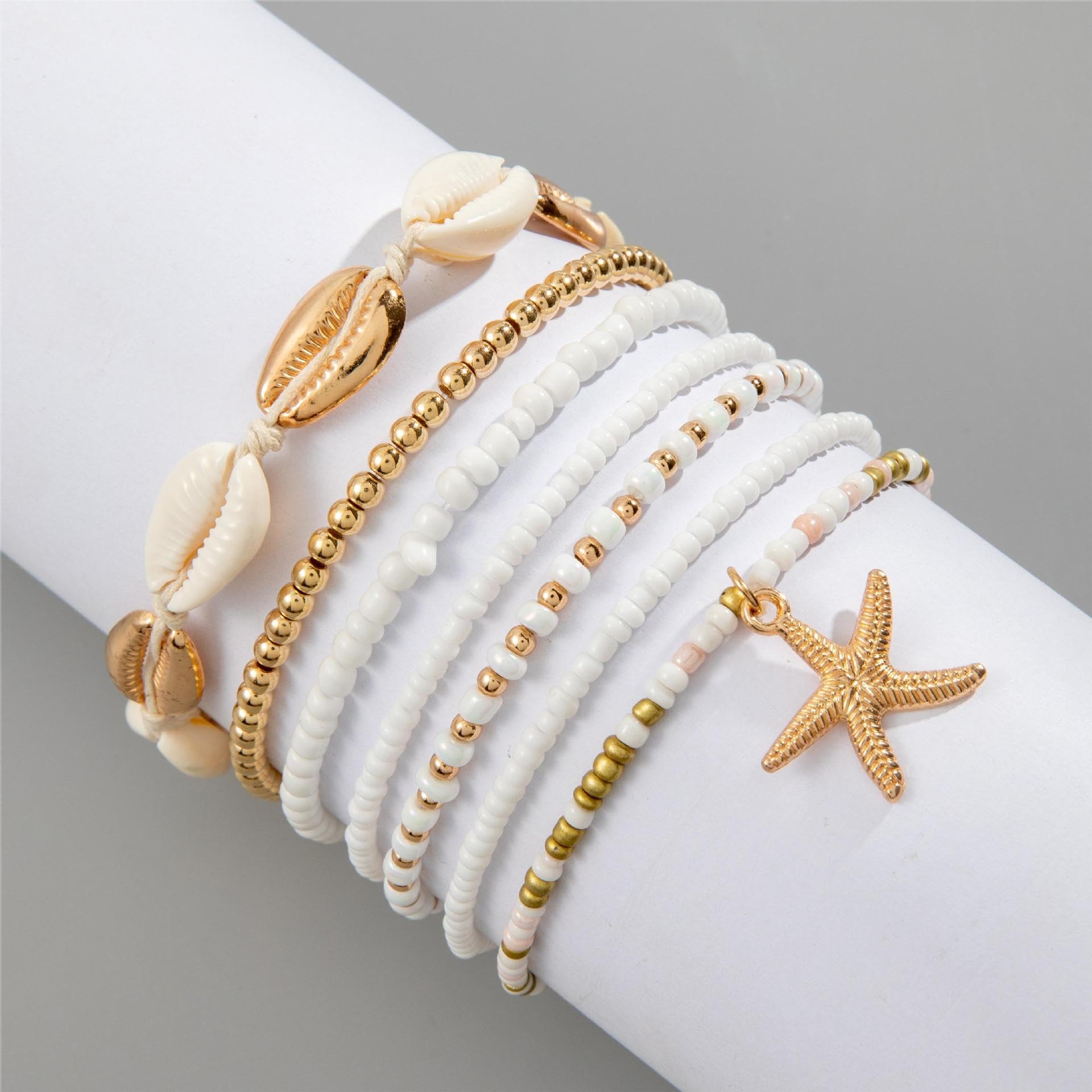 Bohemian Stackable Beach Bracelets for Women - Elastic Heishi Surfer Bracelet Set with Seashell & Starfish - Boho Friendship Jewelry for Summer, Beach Party, Holiday & Vacation - Perfect for Gifts, Travel & Casual Wear
