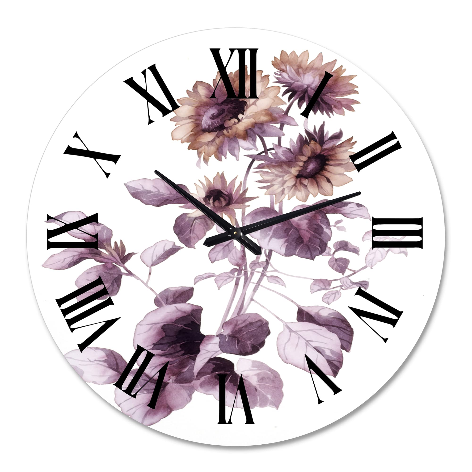 DesignQ Traditional Wall Clock 'Purple Wildflowers III' - Large Floral & Botanical Wall Clock for Home, Office, Living Room Decor - Perfect for Farmhouse, Bedroom, and Kitchen Wall Decor
