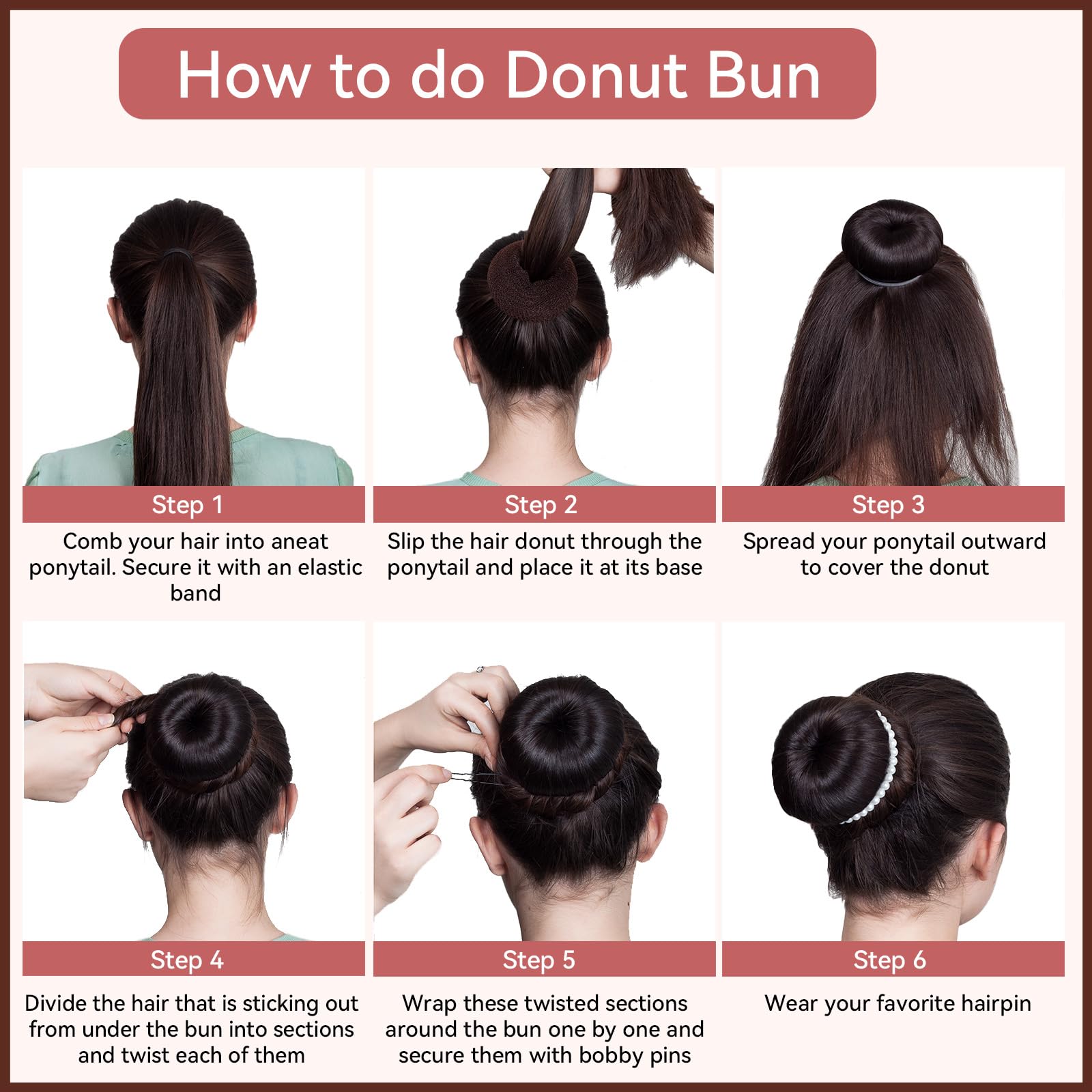 YaFex Hair Bun Maker Kit - 4 Pcs Donut Bun Makers (Large, Medium, Small) with 10 Hair Nets, 6 Elastic Hair Ties & 20 Bobby Pins - Perfect for Updos, Ballet, Wedding & Everyday Hairstyles (Brown)