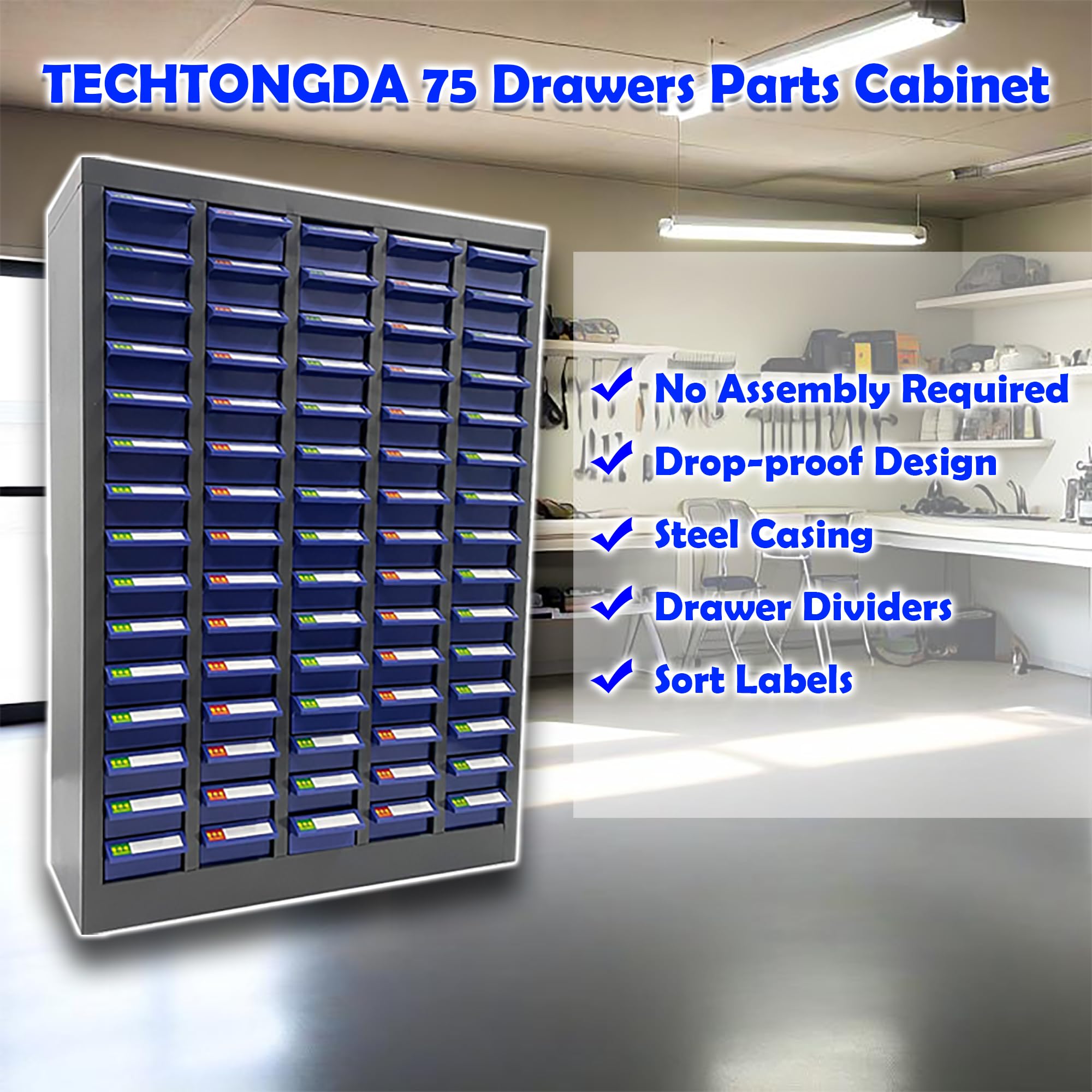 TechTongda 75-Drawer Steel Bolt & Nut Organizer - Durable Hardware Storage for Workshops