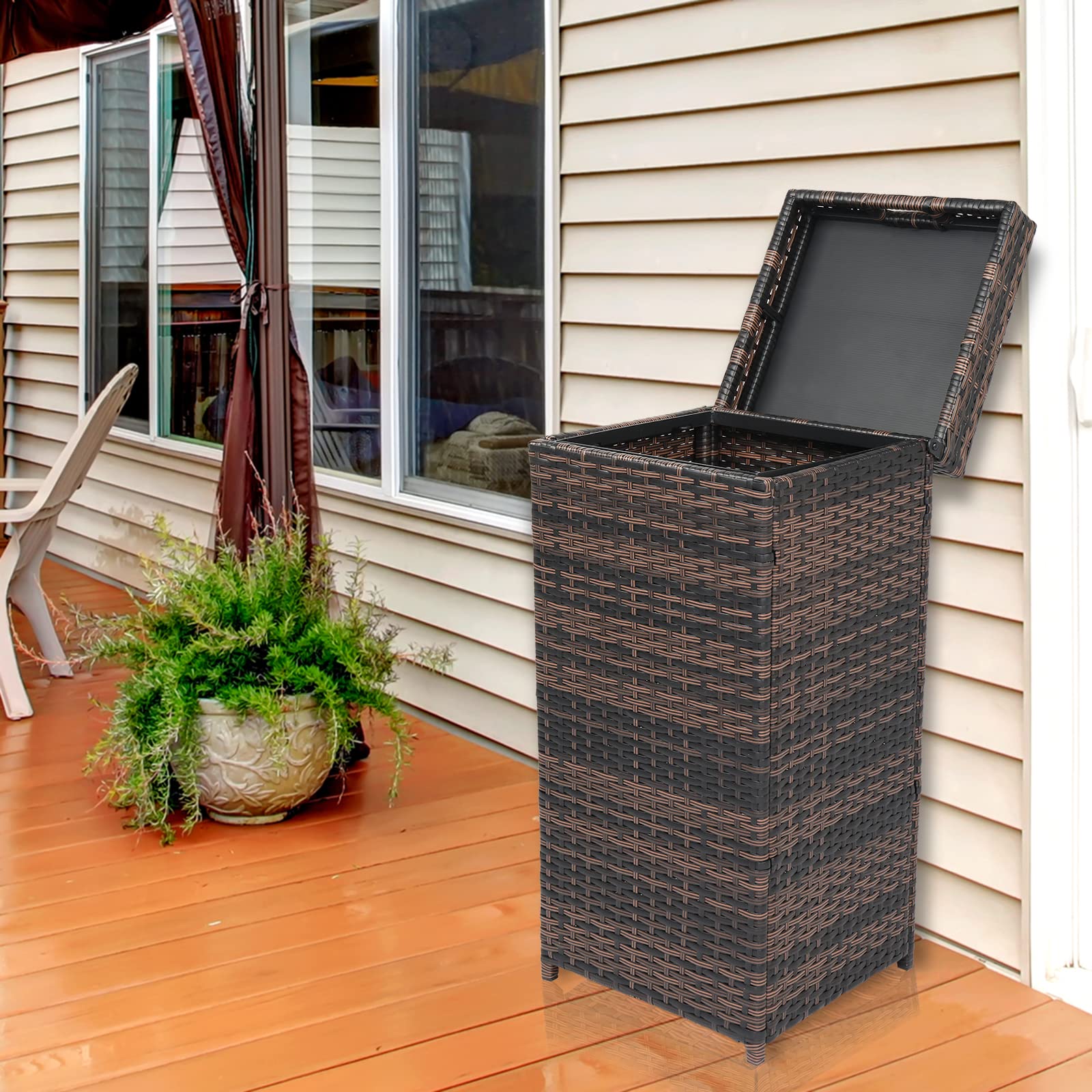 26.7 Gallon Outdoor Waste Bin with Top Cover - Tall Rattan Garbage Can for Recycling & Trash | Perfect for Patio, Garden, Backyard & Deck Waste Management