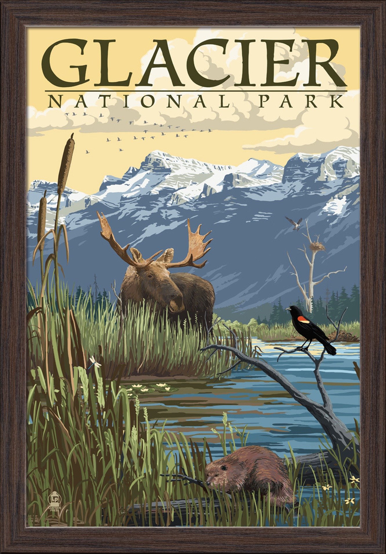 Glacier National Park Montana Mountain and Marsh Scene - 16x24 Giclee Fine Art Print with Recycled Wood Frame in Espresso Brown - Perfect for Home Decor, Office Wall Art & Nature Lover Gifts