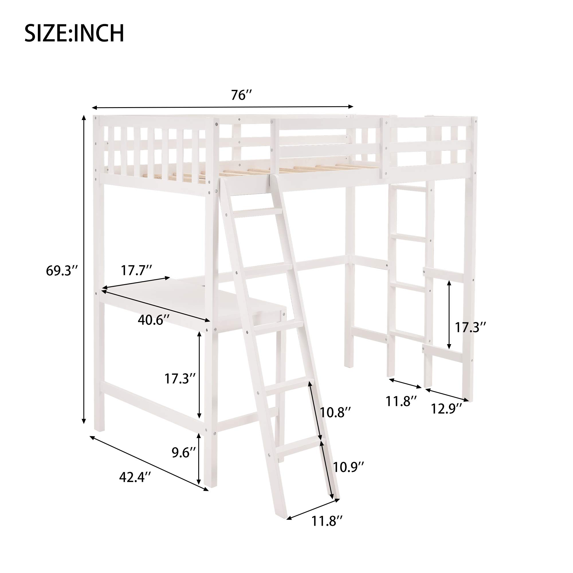 Solid Wood Twin Loft Bed with Desk & 2 Ladders - Space Saving Kids/Teens/Adults Loft Bed Frame - No Box Spring Needed (White) - Perfect for Small Bedrooms, Dorms & Studio Apartments