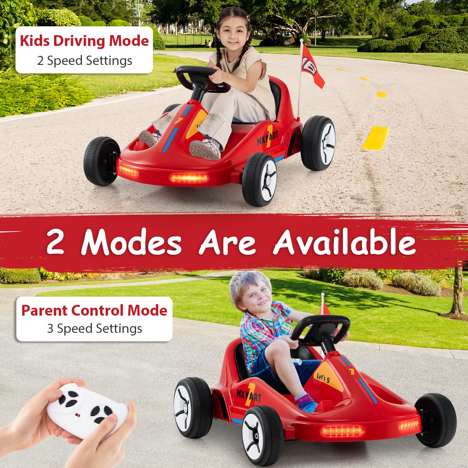 Costzon 12V Kids Electric Go Kart with Remote Control - 7AH Battery Powered Ride-On Toy Car for Ages 3+, LED Lights, Music & Story Mode - Perfect for Outdoor Play, Birthday Gifts & Backyard Racing (Red)