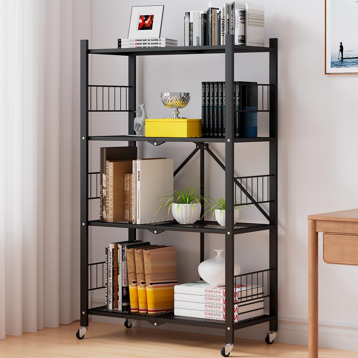 5-Tier Metal Folding Storage Shelves with Wheels - Heavy Duty Collapsible Shelving Unit for Garage, Kitchen, Pantry & Closet Organization - No Assembly Rolling Shelf Rack